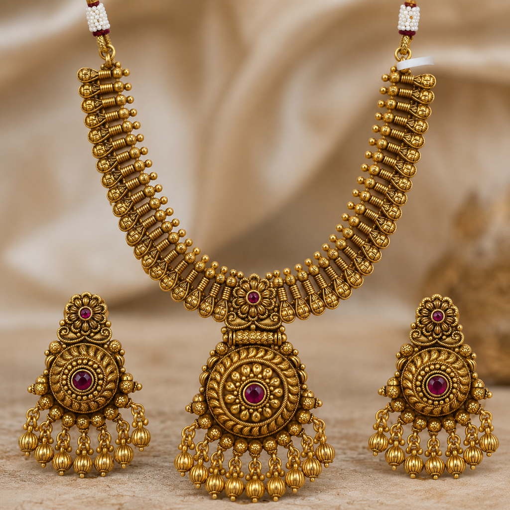 Antique Gold Beaded Fringe Necklace Set