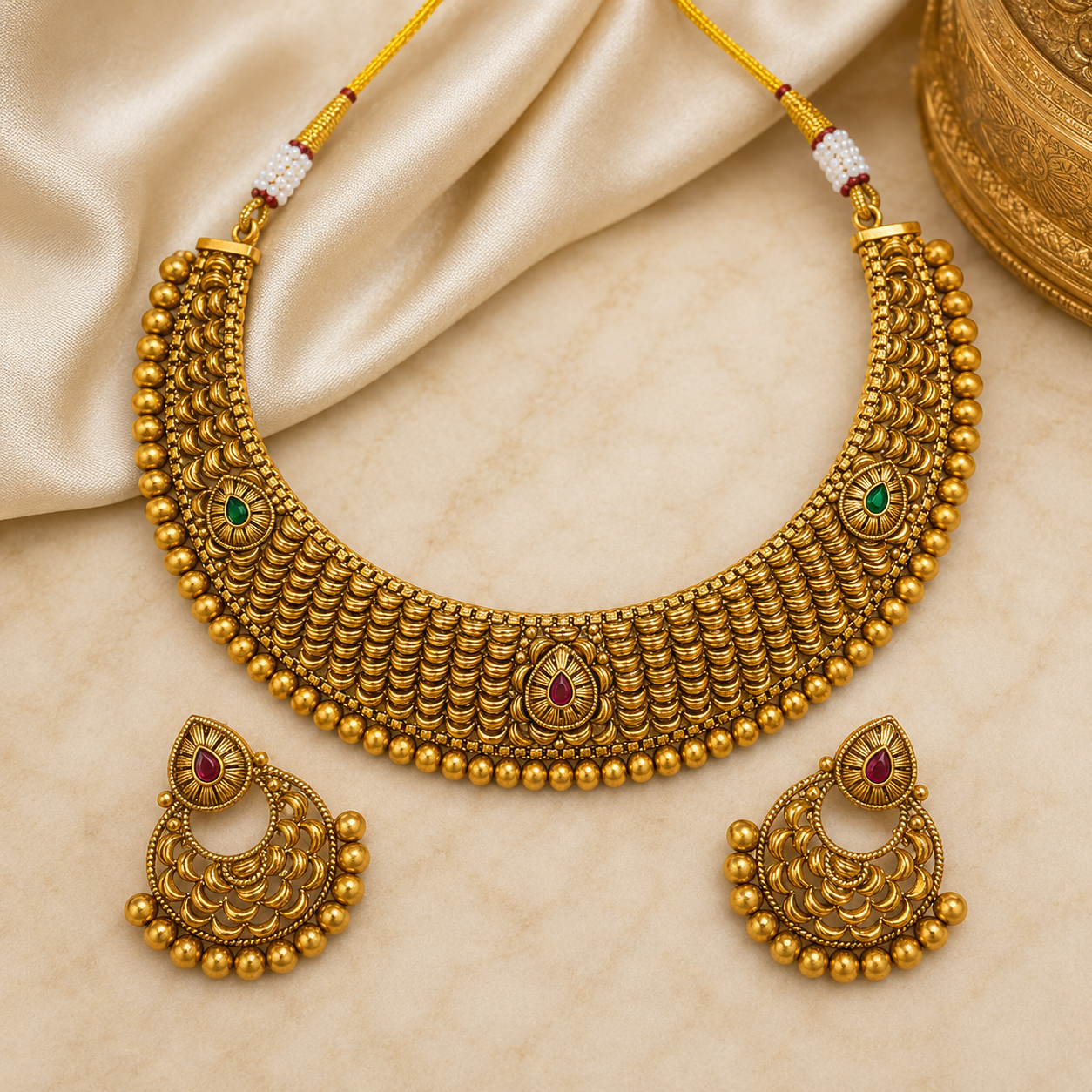 Antique Gold Scalloped Wide Choker Necklace Set