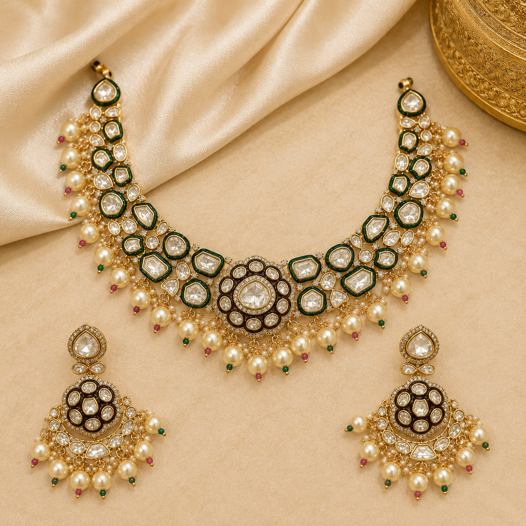 Kundan Meena Pearl Fringe Choker Necklace Set