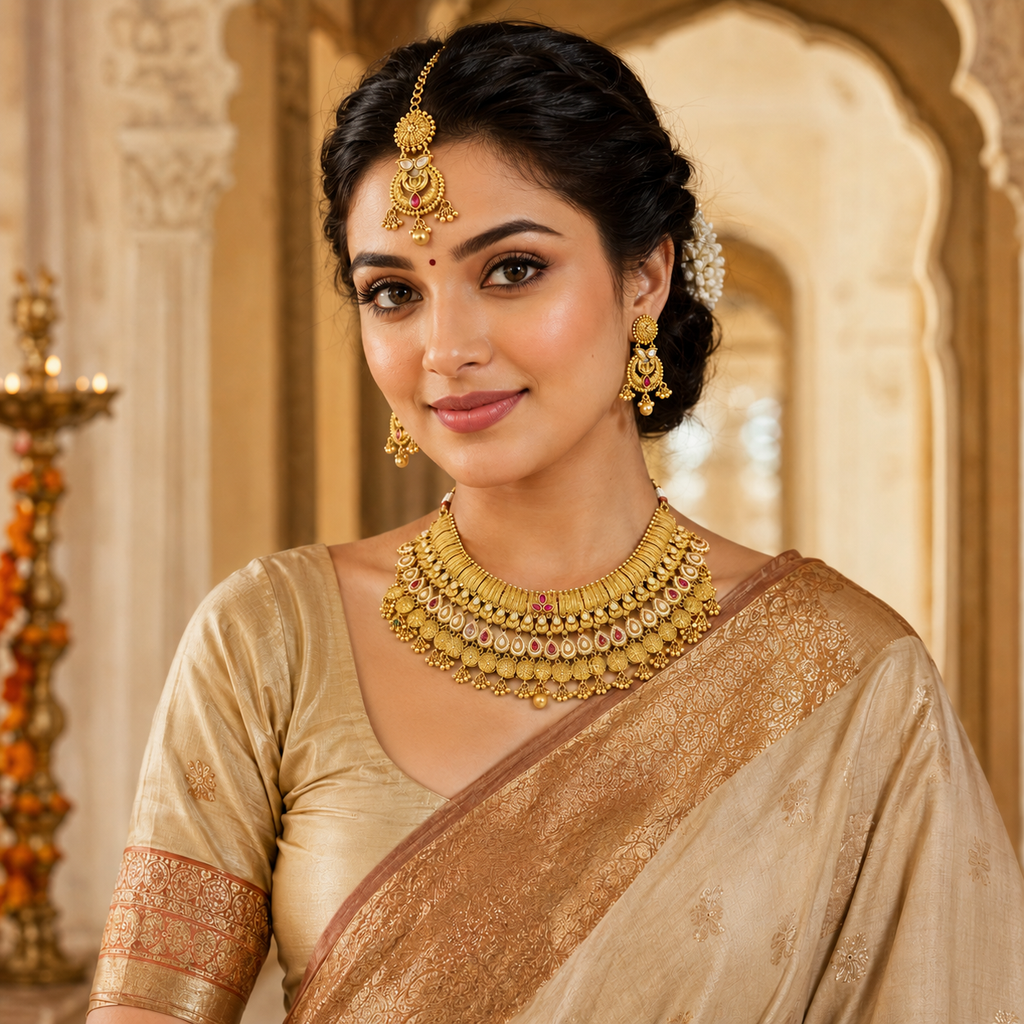 Antique Gold Bridal Choker Set with Tikka