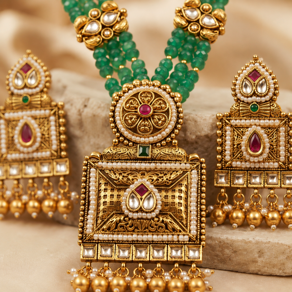 Pearl Green Bead Kundan Square Pendant Haar Set