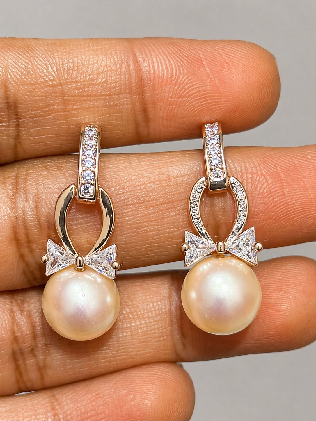 Rose Gold Pearl Drop Earrings with CZ Bow & Oval Link