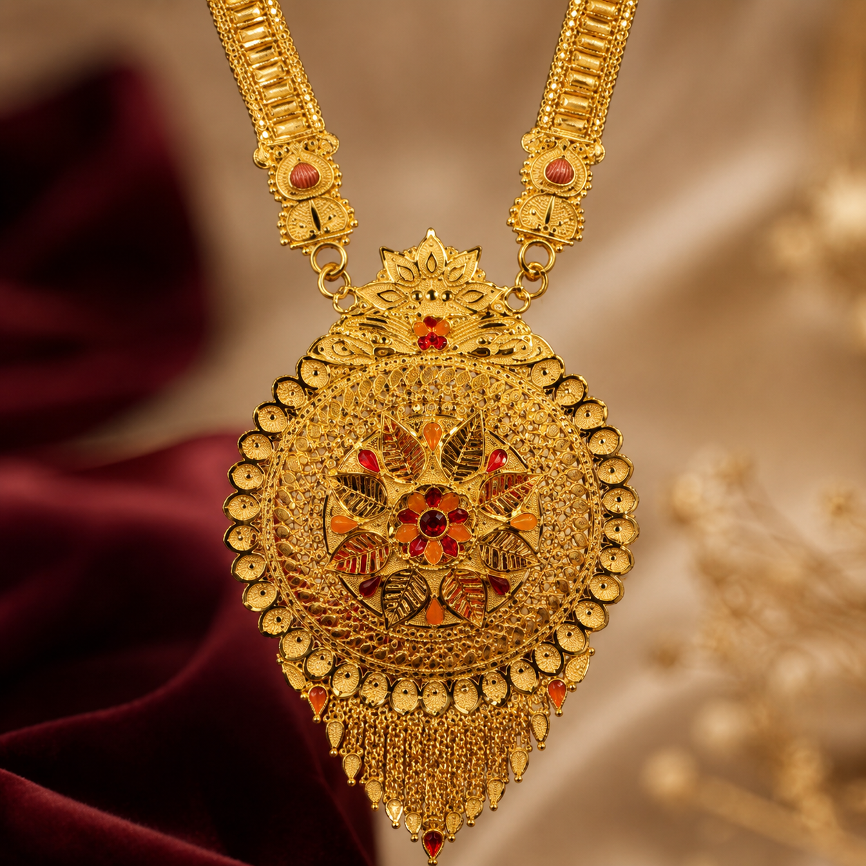 Gold Floral Medallion Tassel Necklace Set