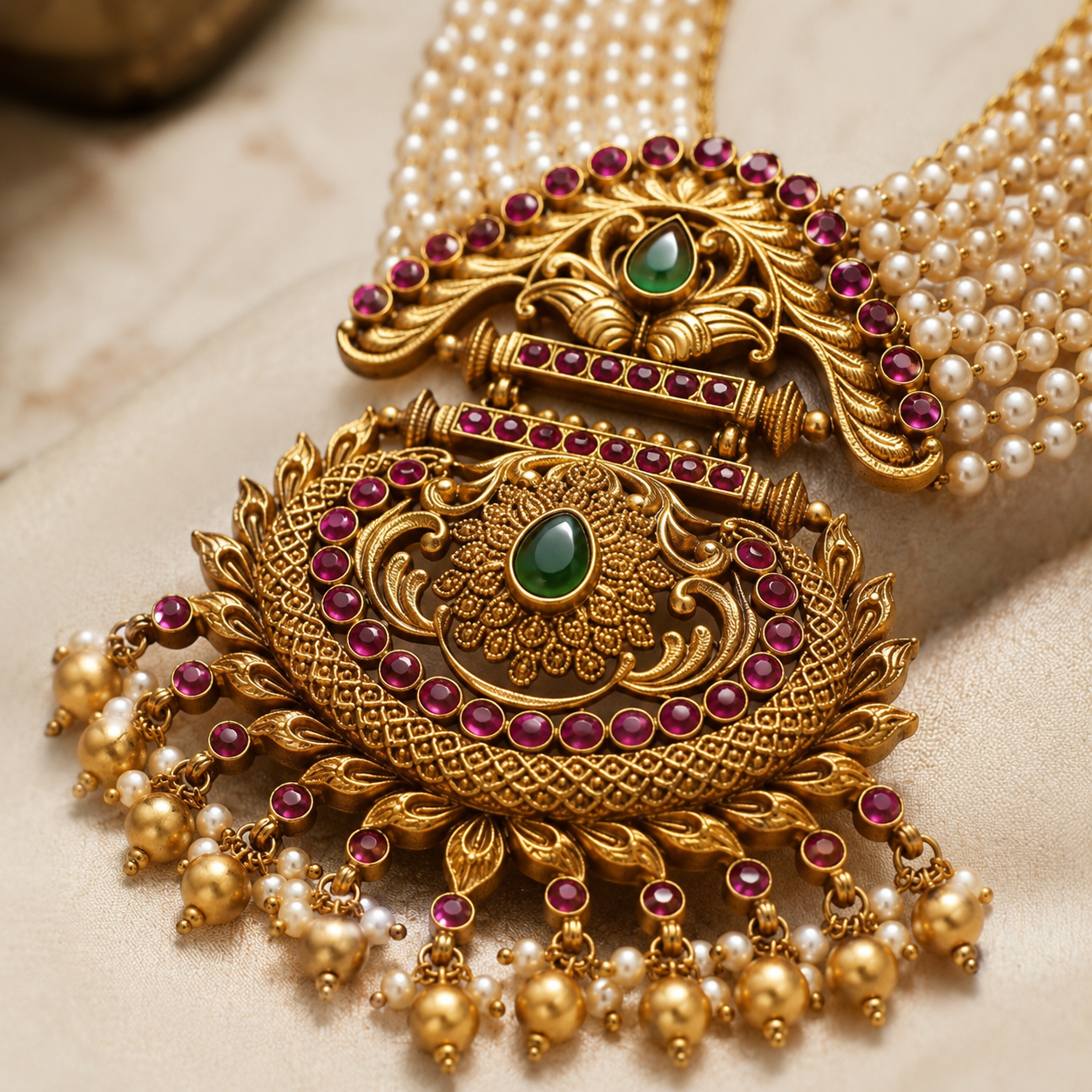 Pearl Cascade Antique Gold Medallion Set