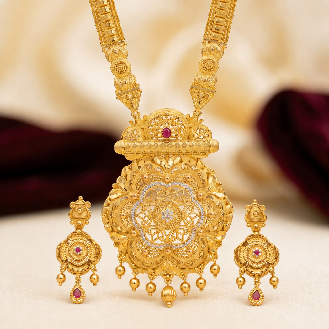 Gold Floral Filigree CZ Medallion Necklace Set
