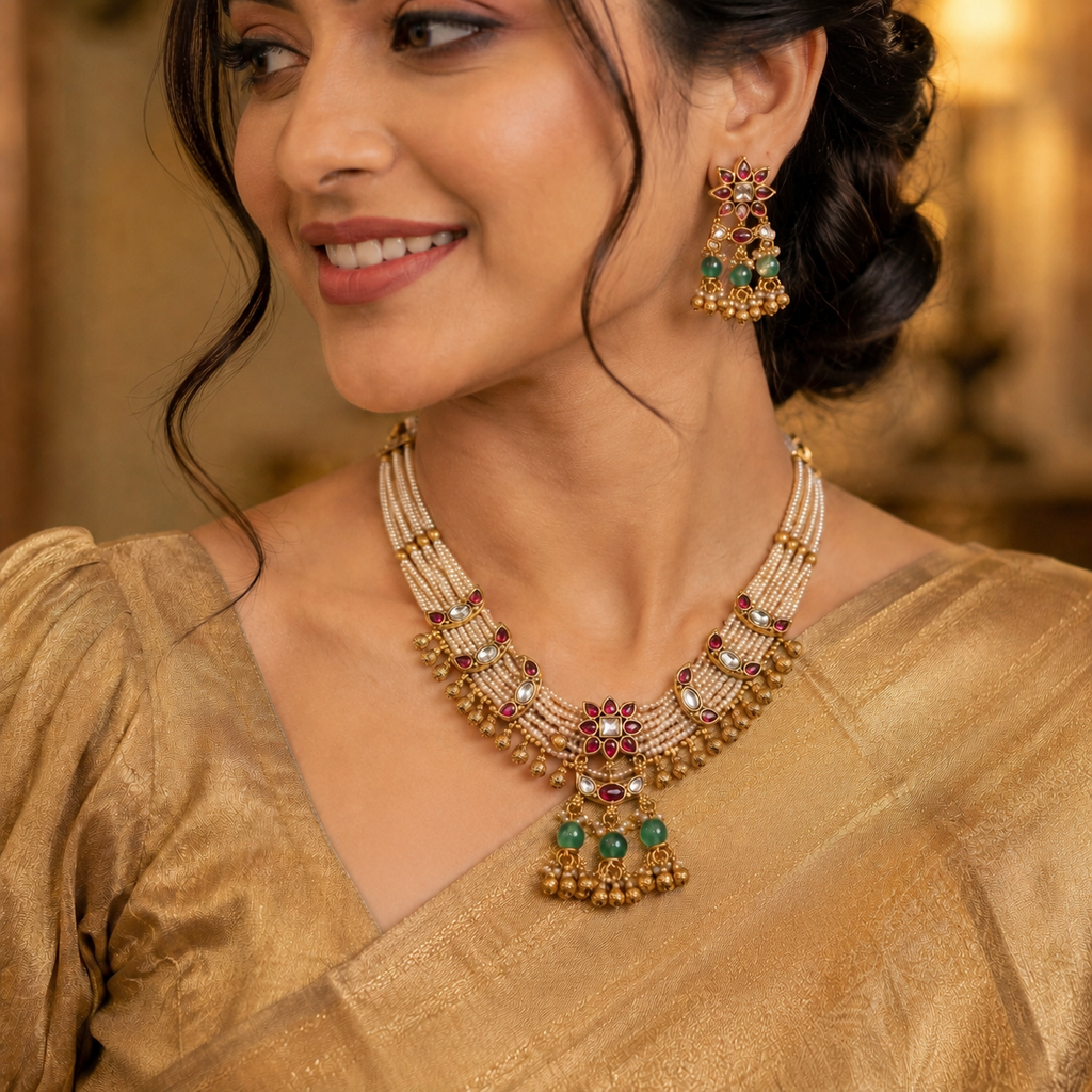 Antique Gold Pearl Multi-Strand Kundan Necklace Set