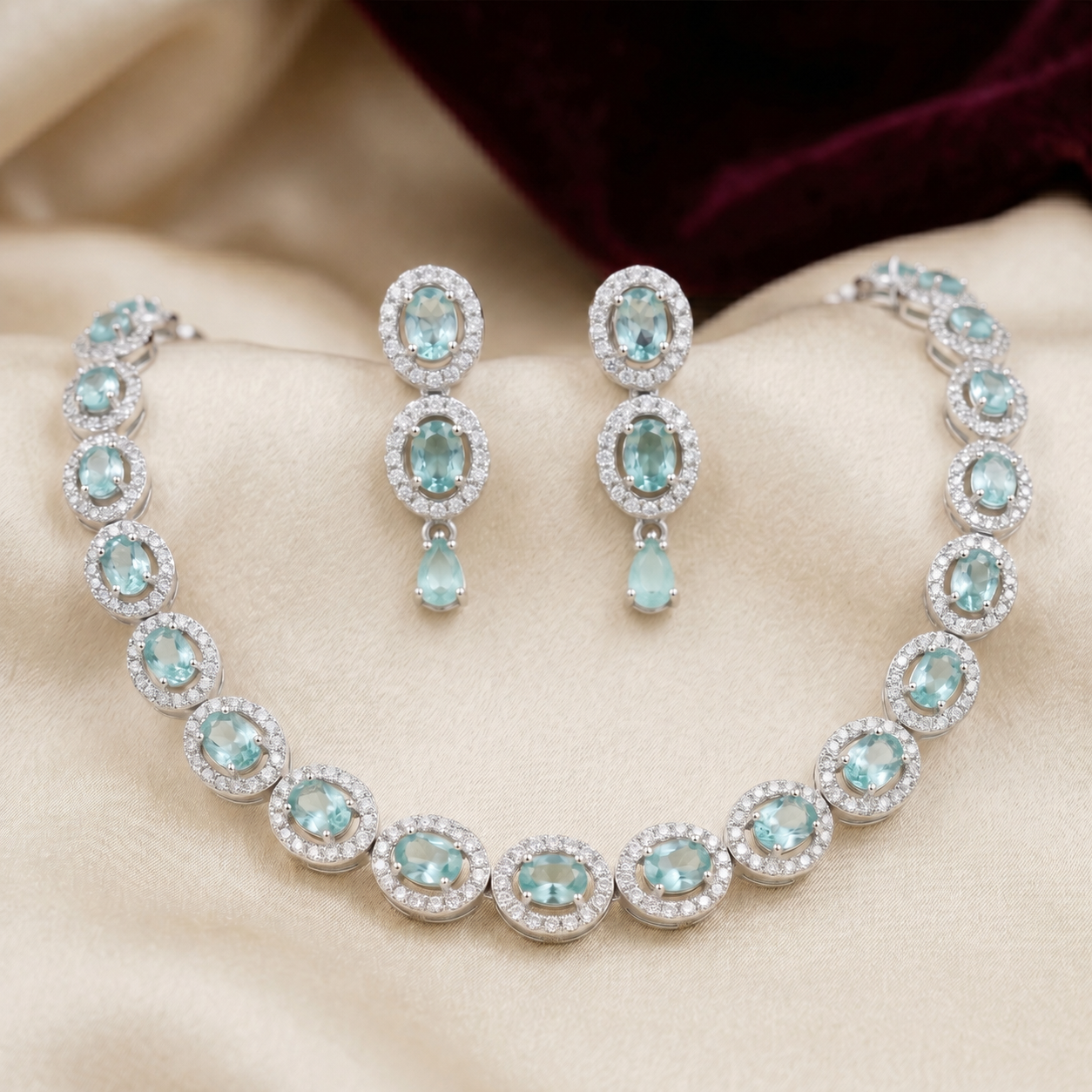 Mint Halo Oval Tennis Necklace Set