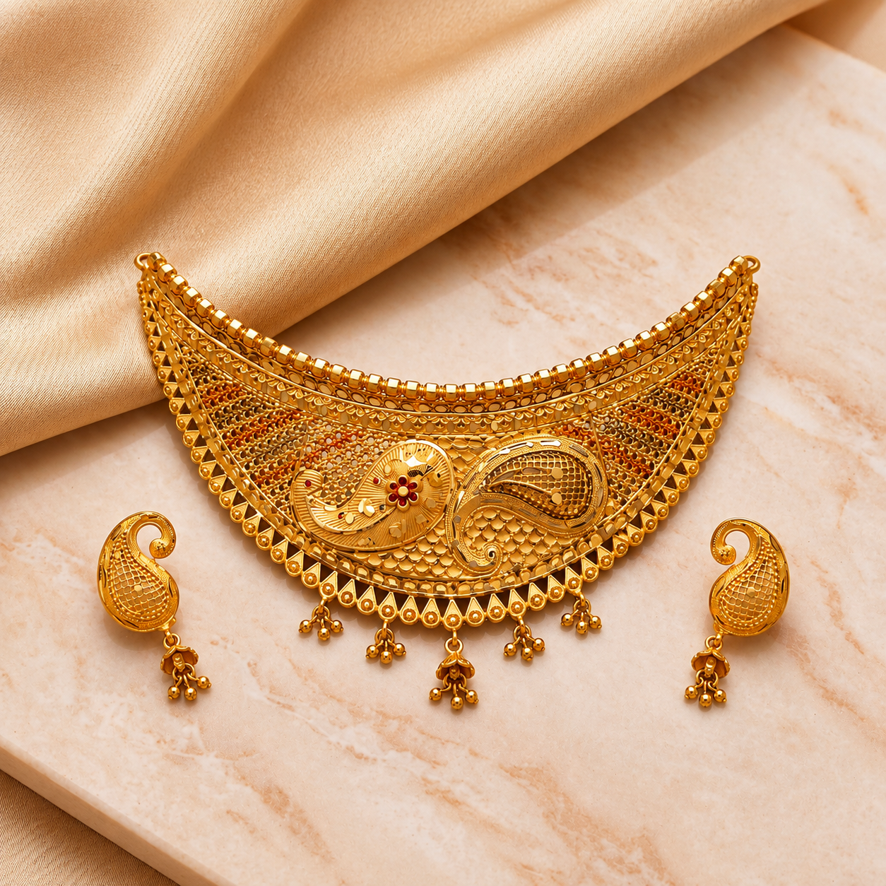 Gold Peacock Scroll Wide Crescent Choker Necklace Set