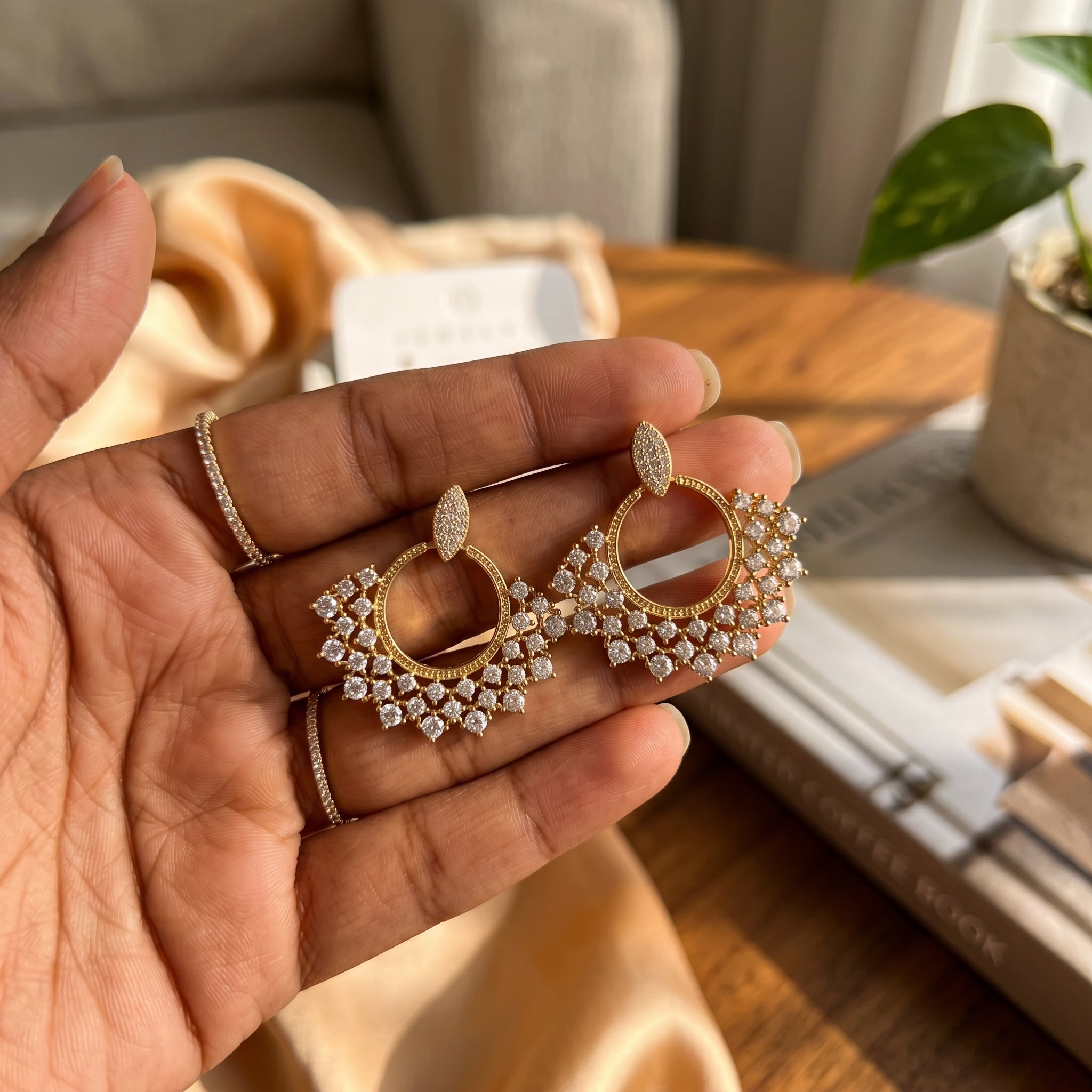 American Diamond Crescent Fan Statement Earrings