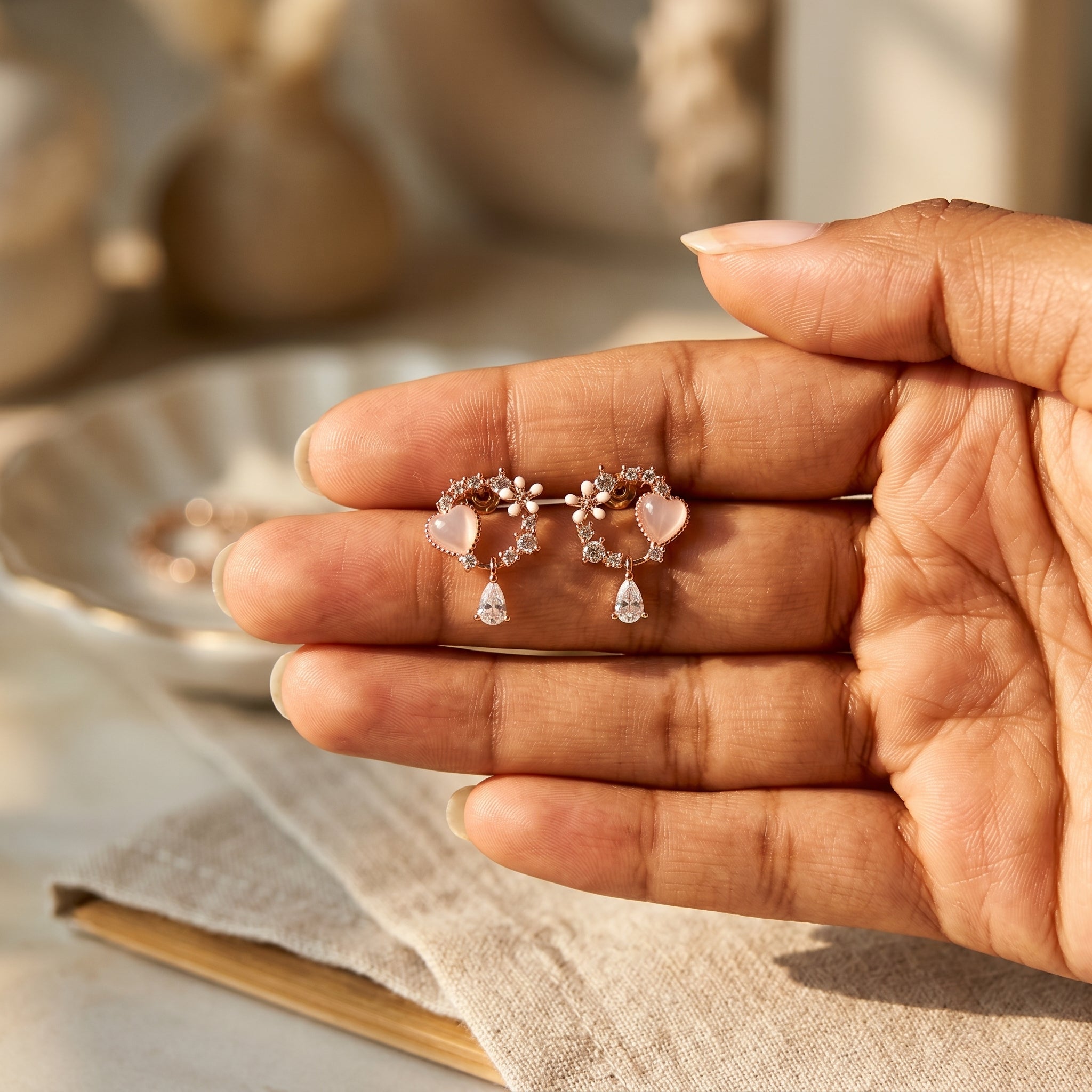 Rose Gold Pink Heart Moonstone Drop Earrings with CZ Arc & Teardrop