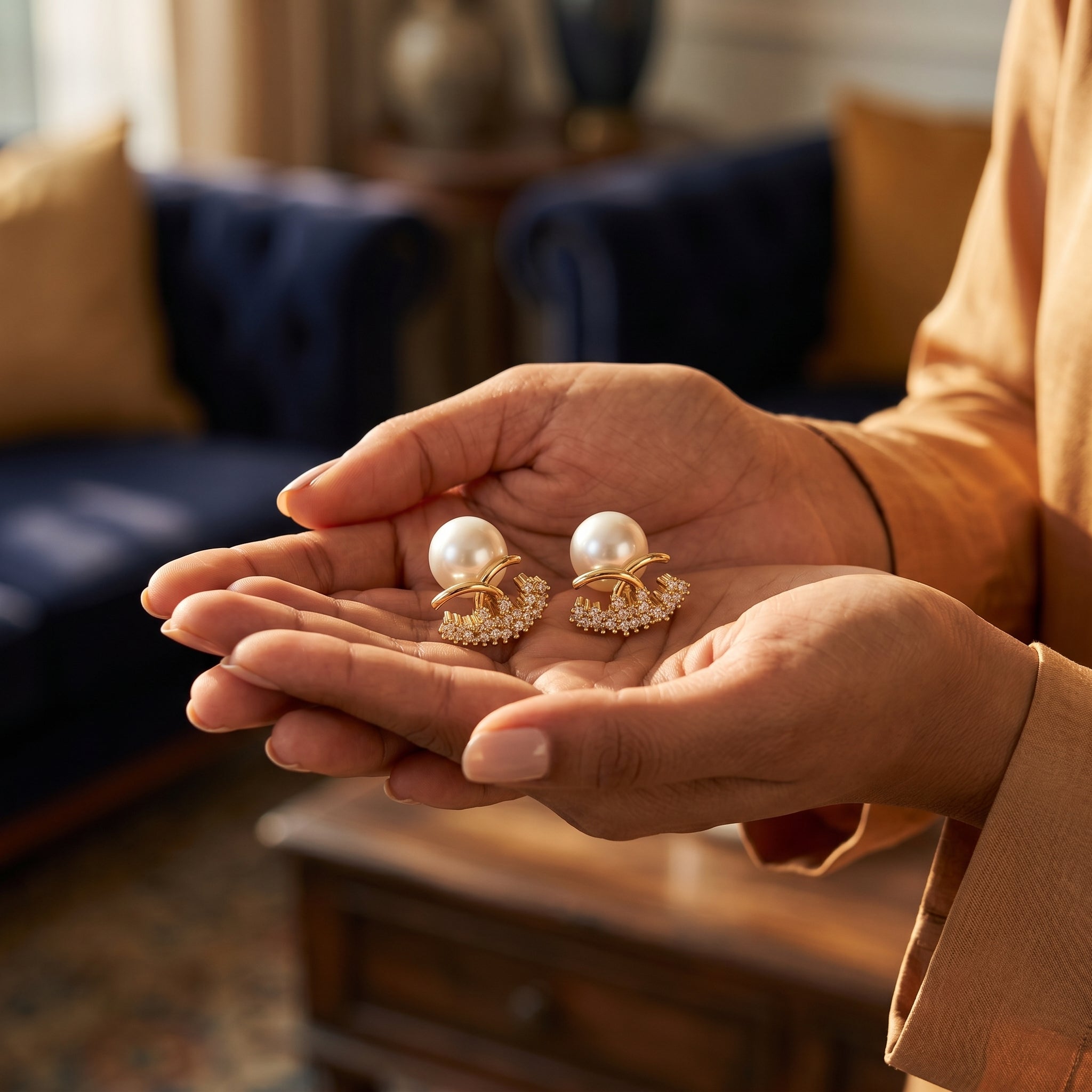 Gold Pearl Crown AD Studs