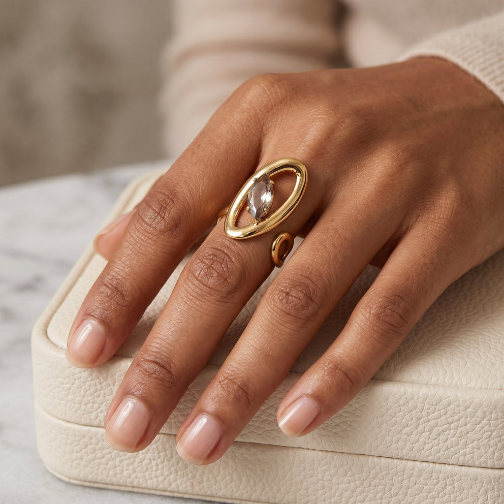 Oval Orbit Statement Ring with Grey Marquise Stone