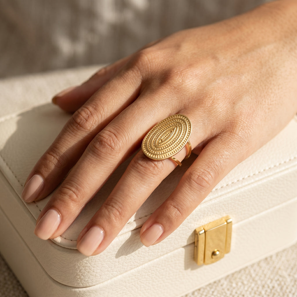 Gold Antique Medallion Engraved Disc Statement Ring