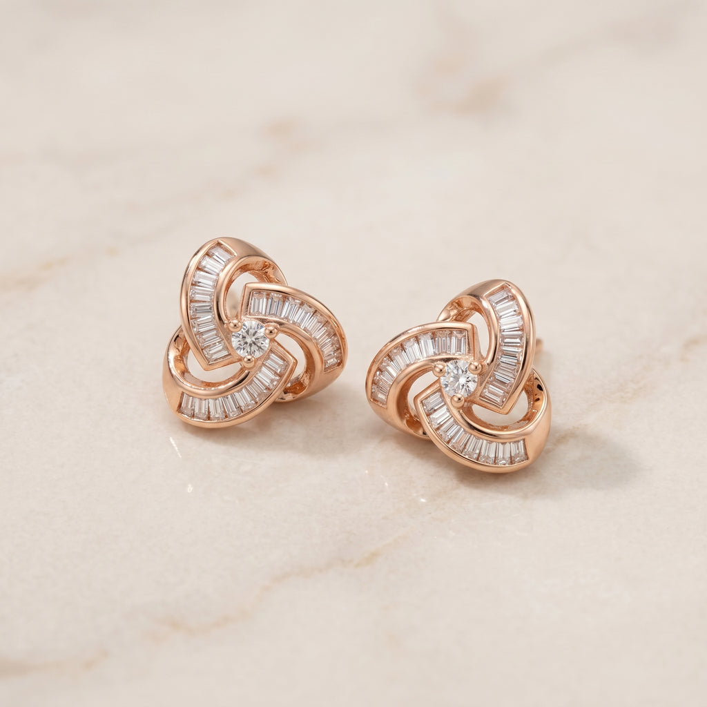 Rose Gold Trinity Knot Baguette CZ Stud Earrings