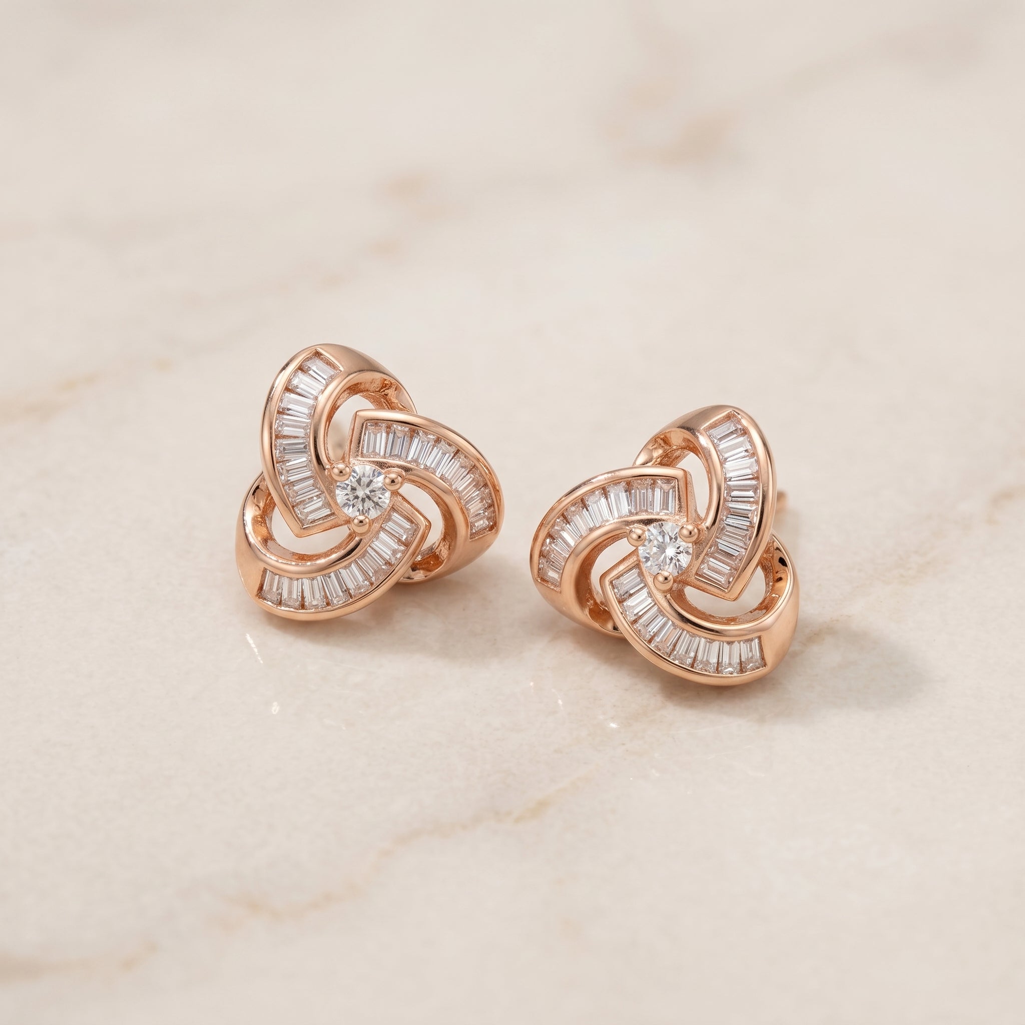 Rose Gold Trinity Knot Baguette CZ Stud Earrings
