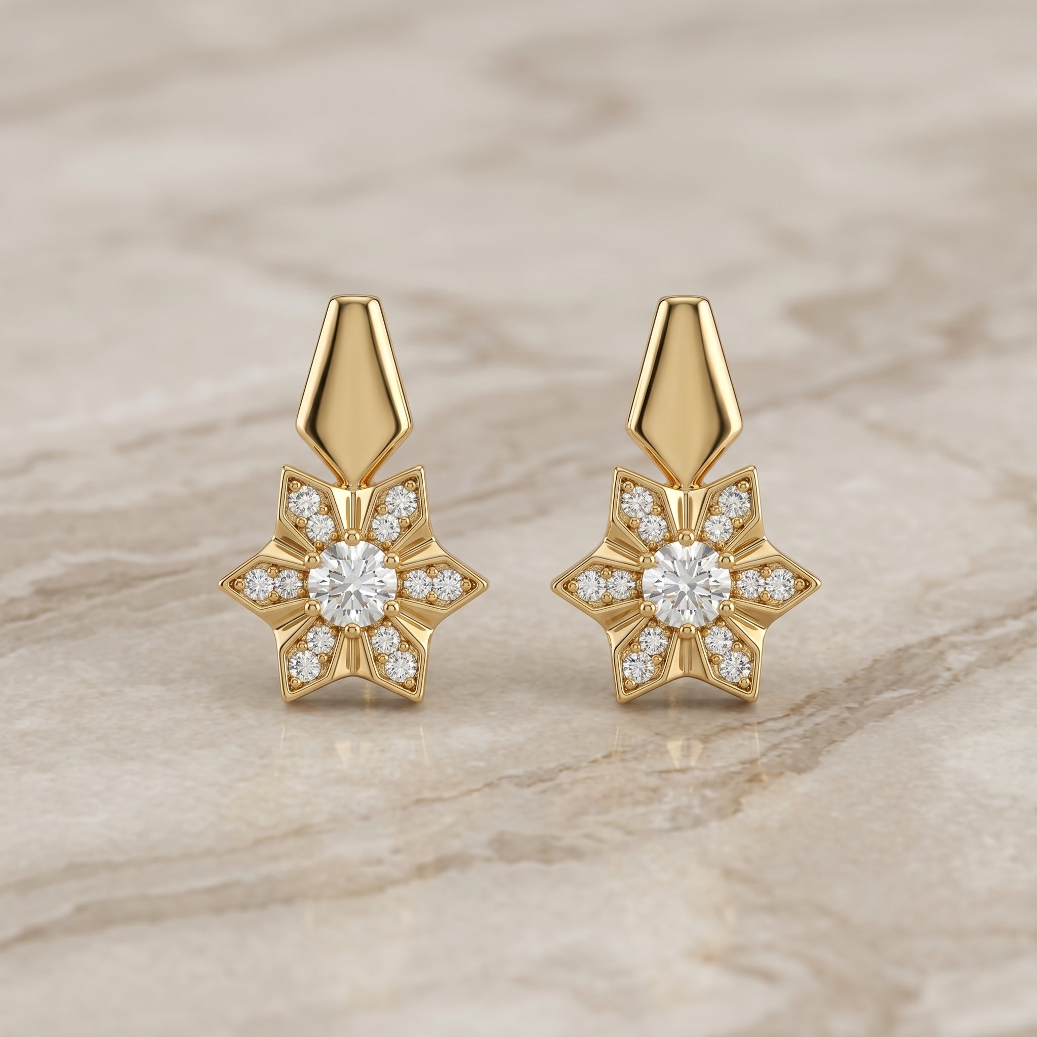 Gold Star Flower Drop Earrings with American Diamond Centre
