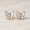 Gold Butterfly Stud Earrings with Mother of Pearl & Marquise CZ Centre