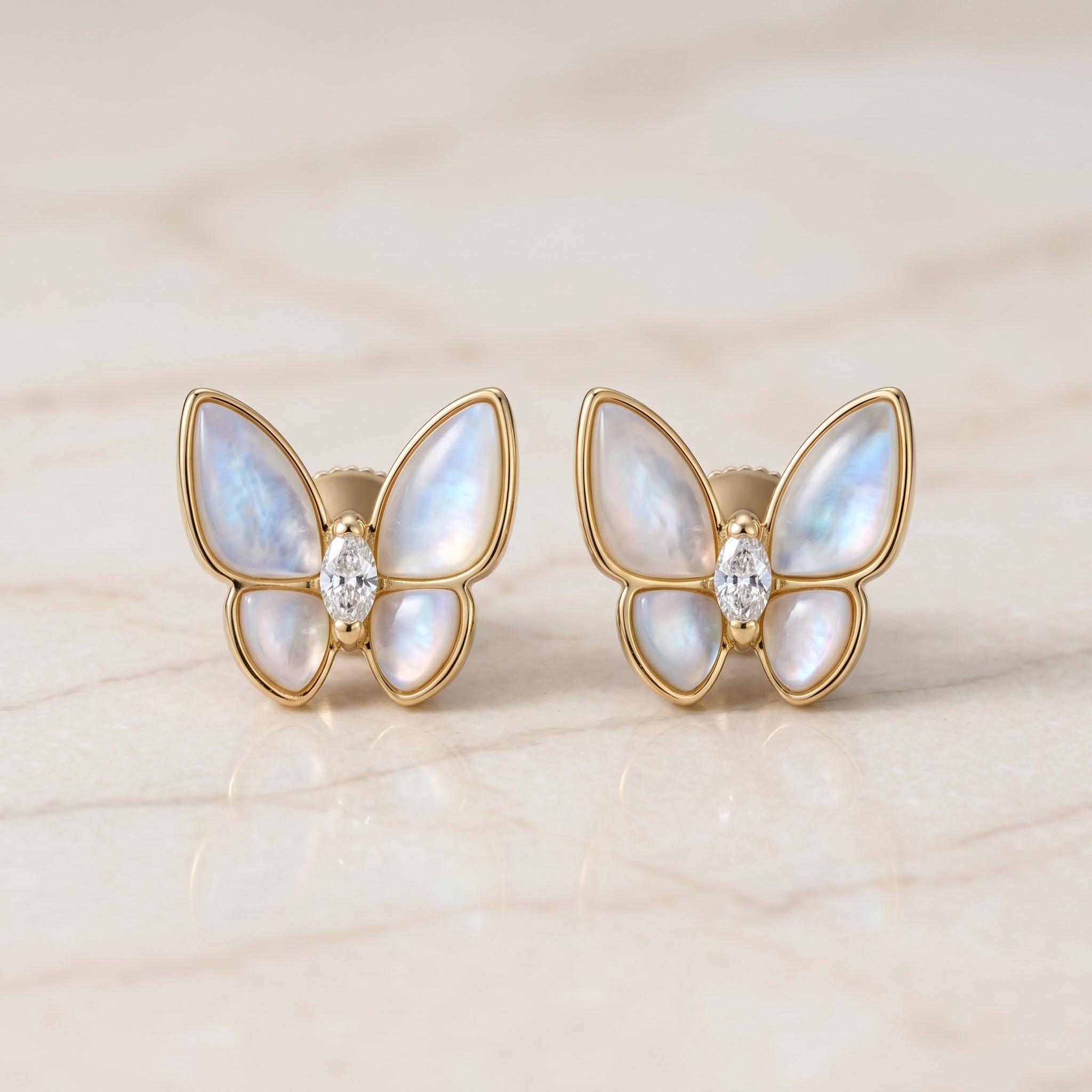 Gold Butterfly Stud Earrings with Mother of Pearl & Marquise CZ Centre
