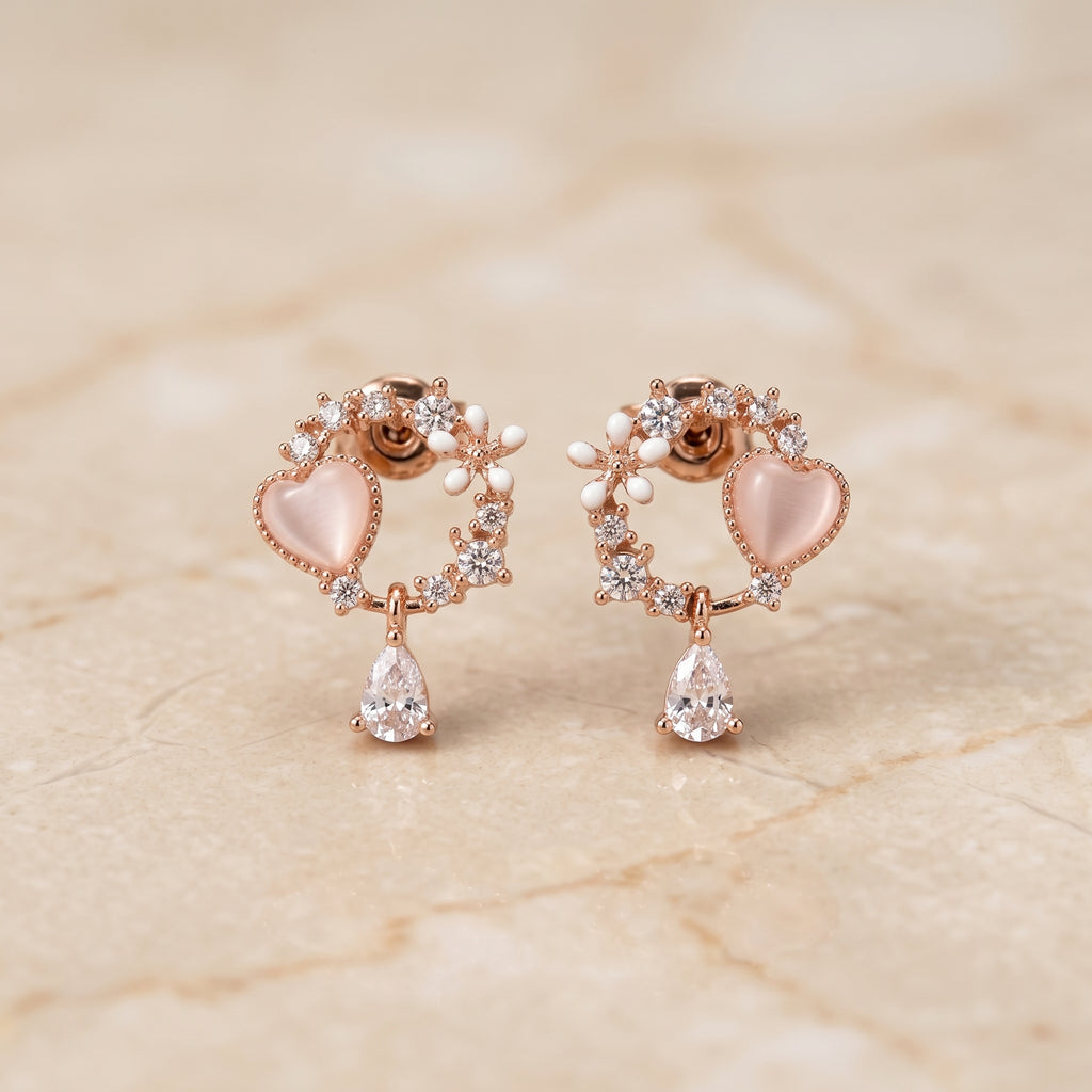 Rose Gold Pink Heart Moonstone Drop Earrings with CZ Arc & Teardrop