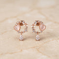 Rose Gold Pink Heart Moonstone Drop Earrings with CZ Arc & Teardrop