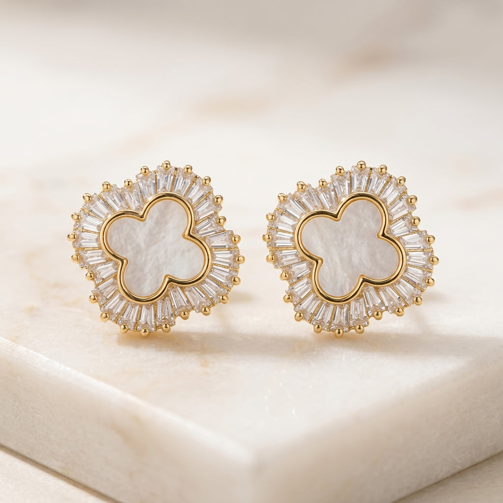 Gold Clover Mother of Pearl Baguette CZ Halo Stud Earrings