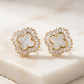 Gold Clover Mother of Pearl Baguette CZ Halo Stud Earrings