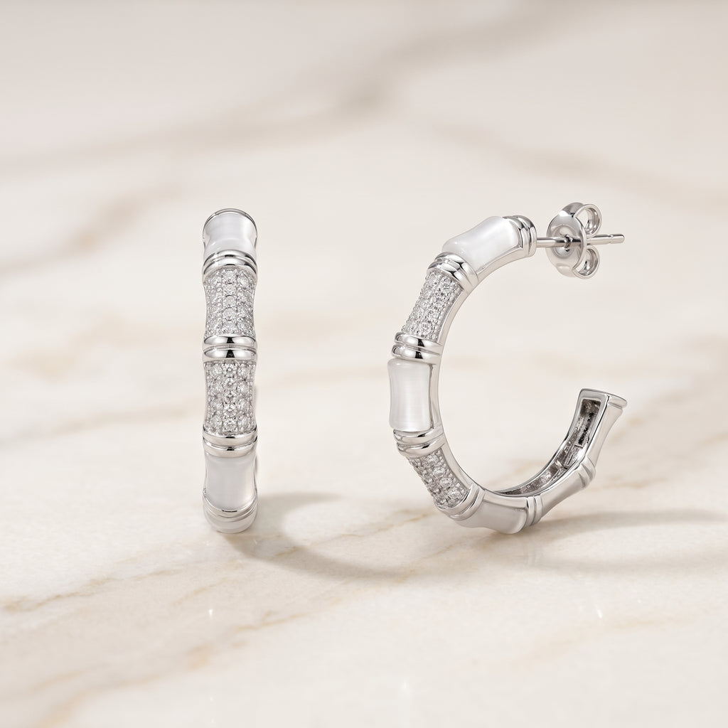 Silver Bamboo Hoop Earrings with White Enamel & Pavé CZ