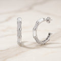 Silver Bamboo Hoop Earrings with White Enamel & Pavé CZ