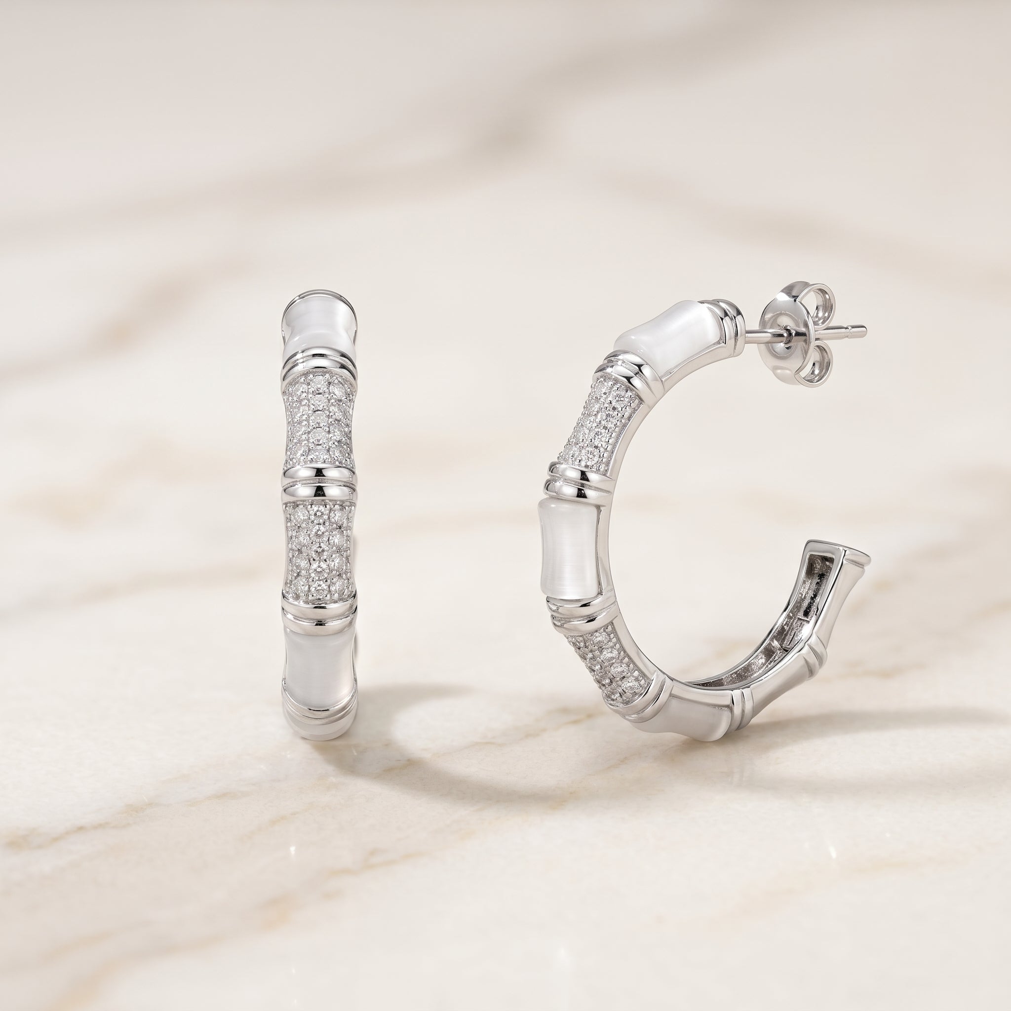 Silver Bamboo Hoop Earrings with White Enamel & Pavé CZ