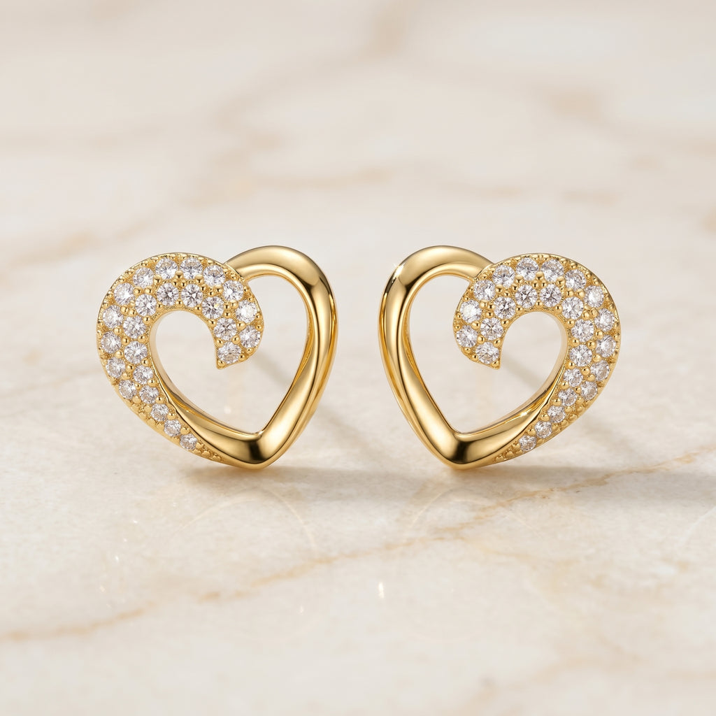 Gold Open Heart Half Pavé CZ Swirl Stud Earrings