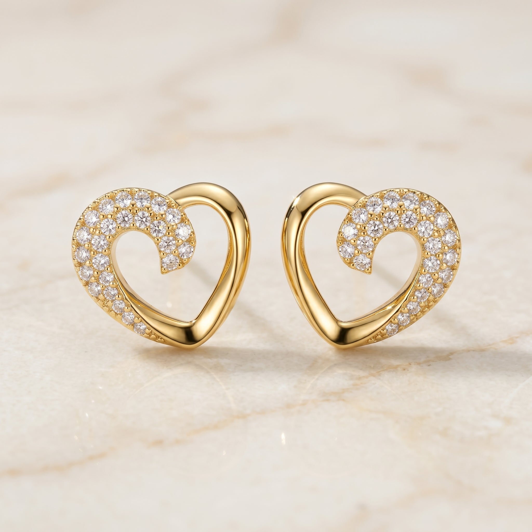 Gold Open Heart Half Pavé CZ Swirl Stud Earrings