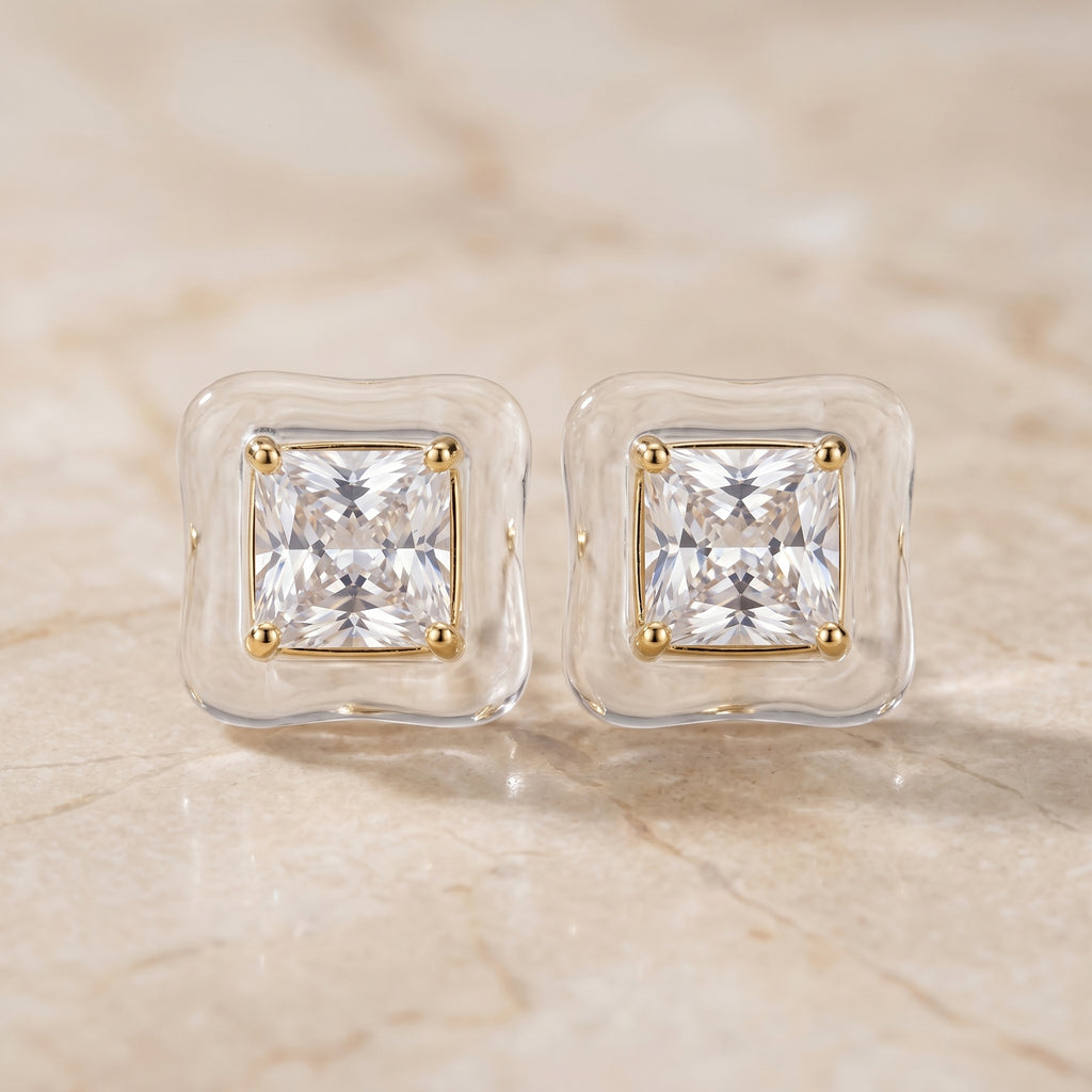 Clear Acrylic Frame Princess Cut CZ Gold Solitaire Stud Earrings