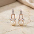 Rose Gold Pearl Drop Earrings with CZ Bow & Oval Link