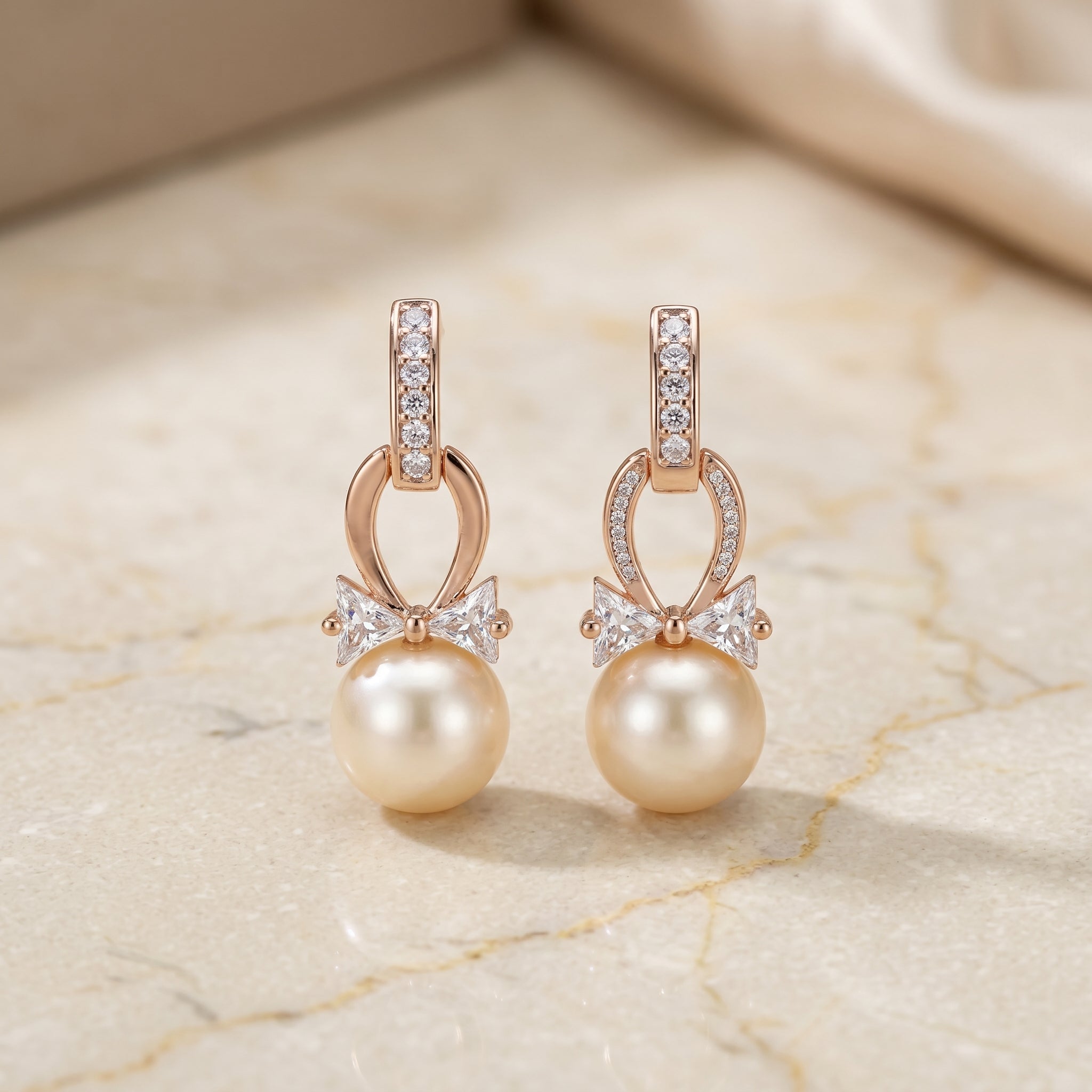 Rose Gold Pearl Drop Earrings with CZ Bow & Oval Link