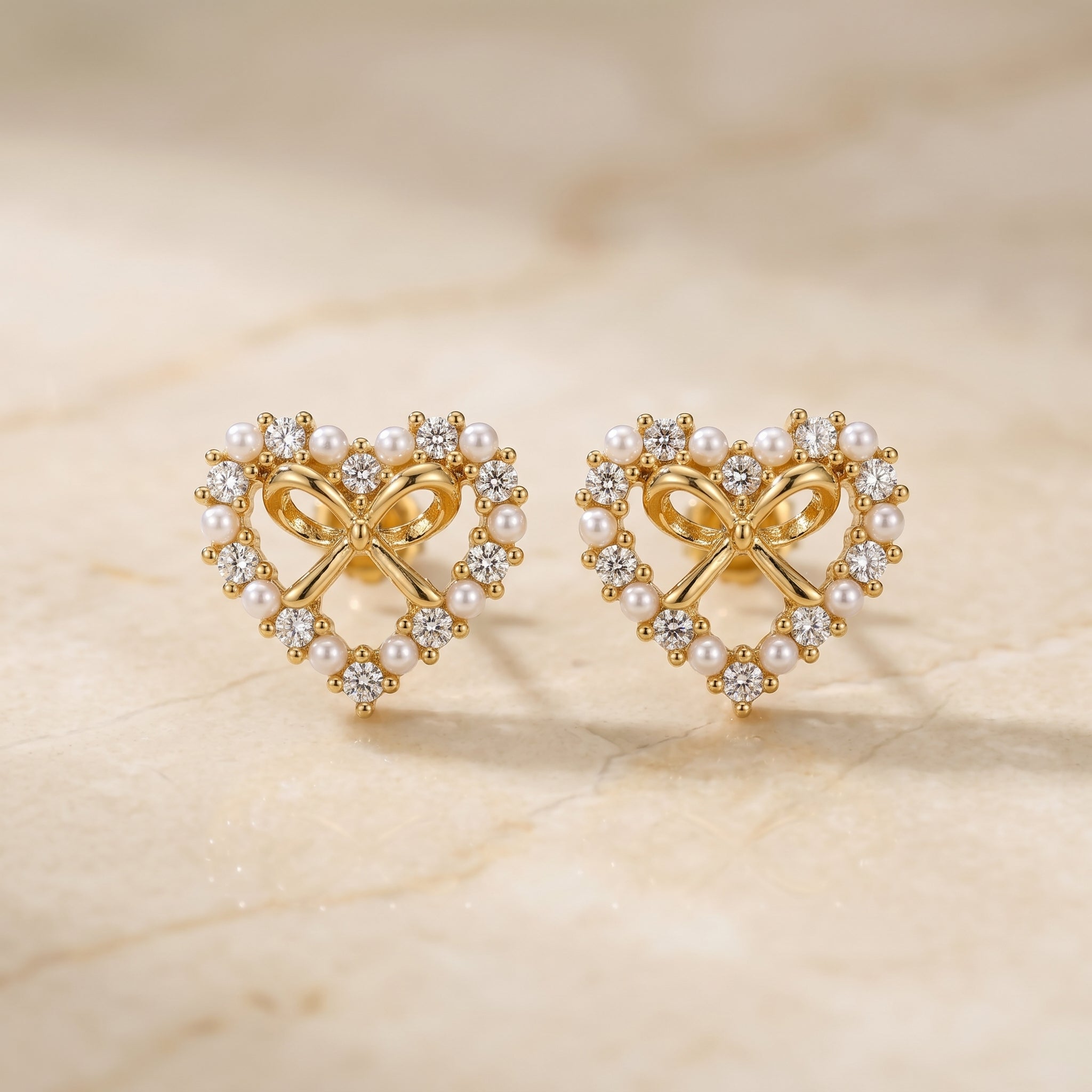 Gold Open Heart Pearl & CZ Bow Stud Earrings