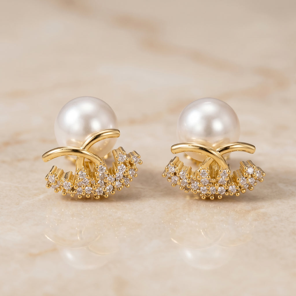Gold Pearl Crown AD Studs