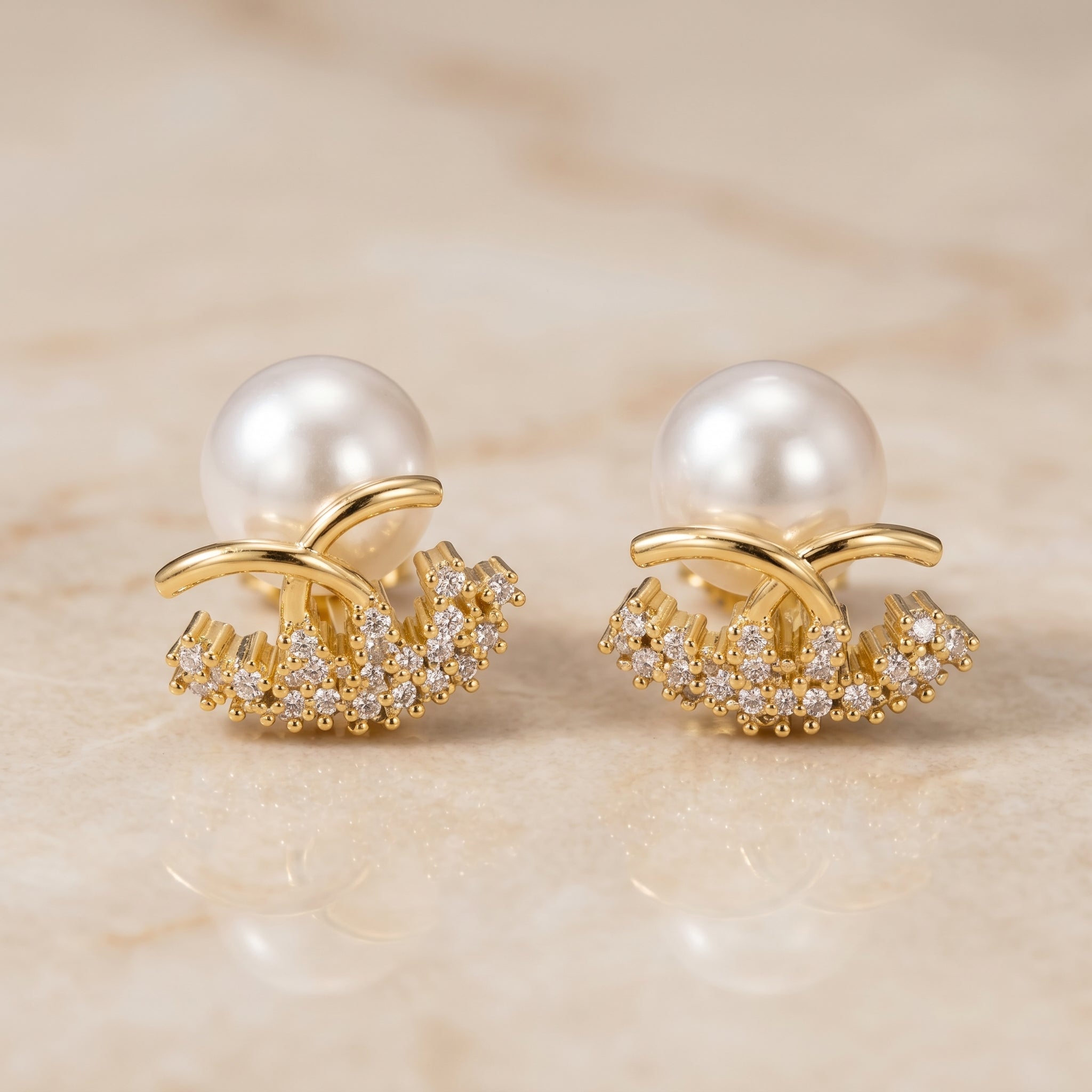 Gold Pearl Crown AD Studs