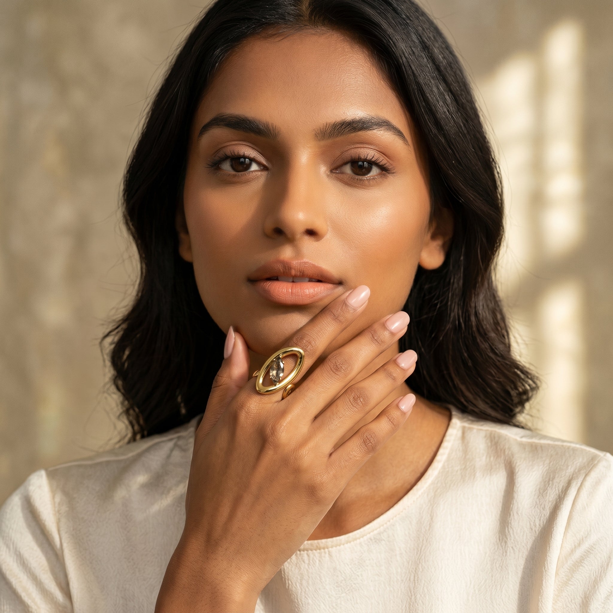 Oval Orbit Statement Ring with Grey Marquise Stone