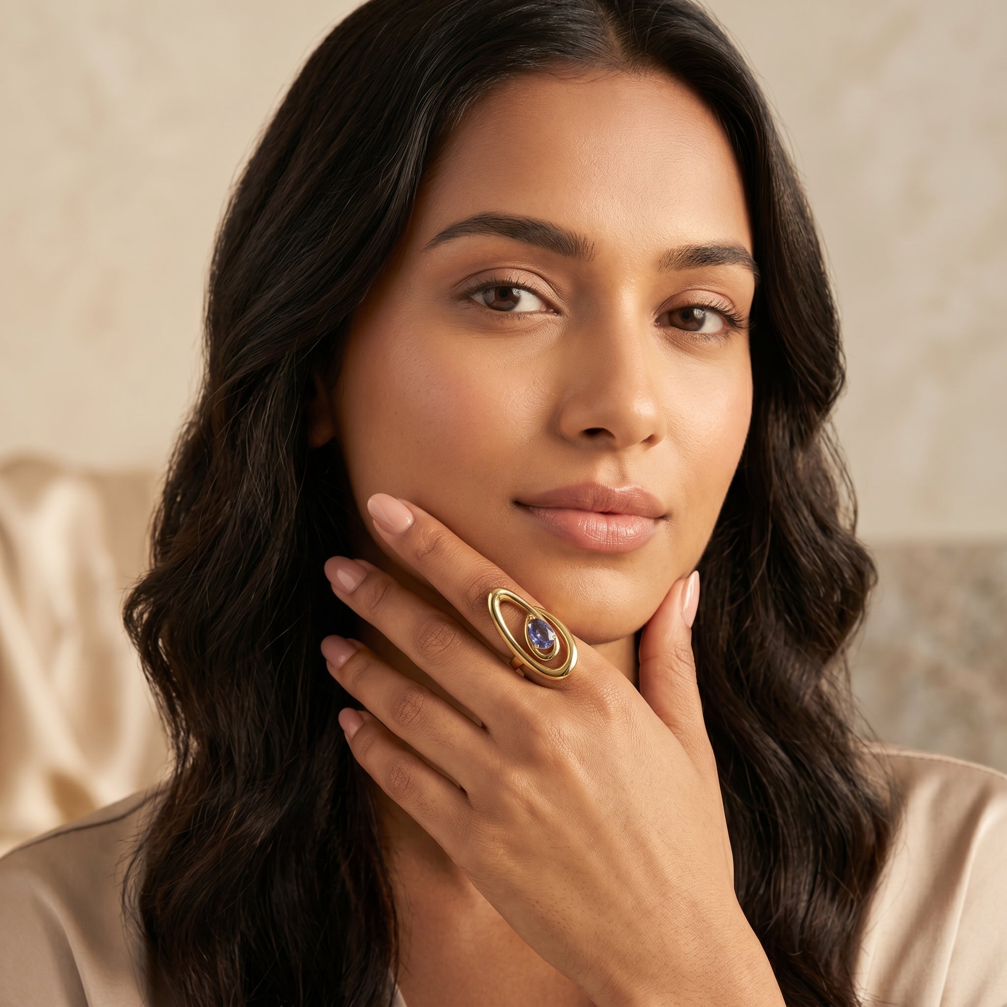 Double Orbit Statement Ring with Blue Pear Stone