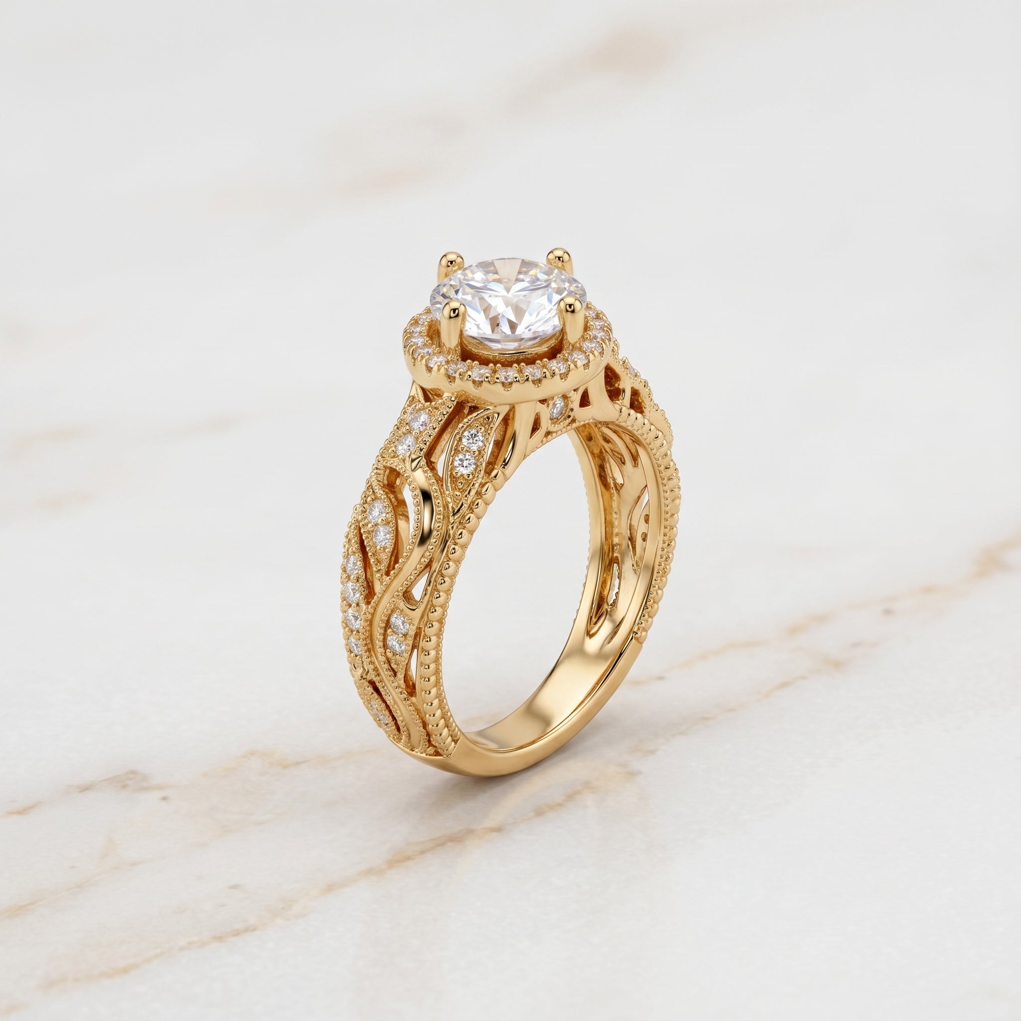 Gold Halo Milgrain Filigree Ring