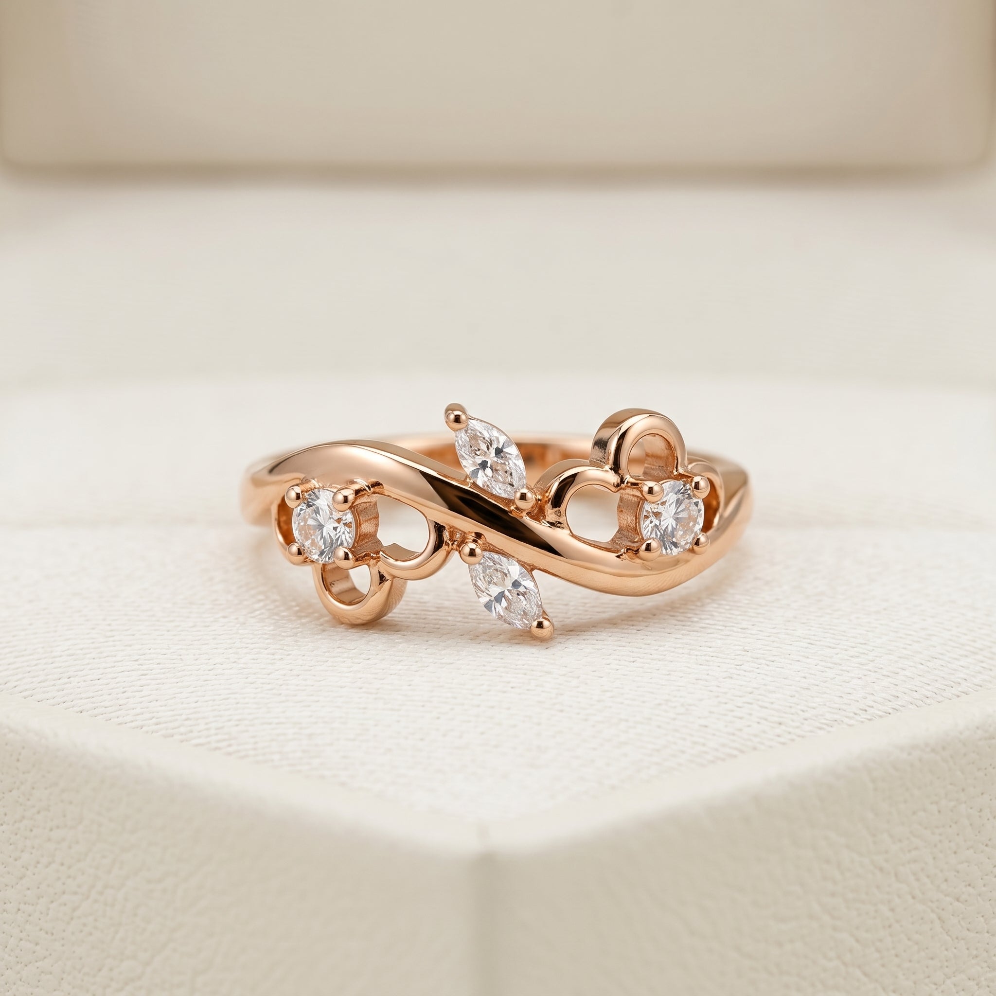 Rose Gold Vine Ring with Mixed Cut American Diamond Stones