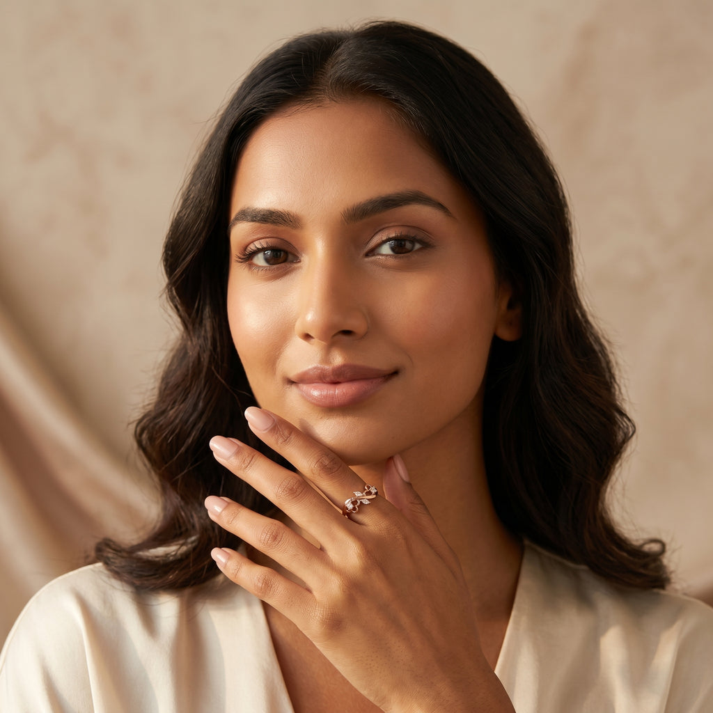 Rose Gold Vine Ring with Mixed Cut American Diamond Stones