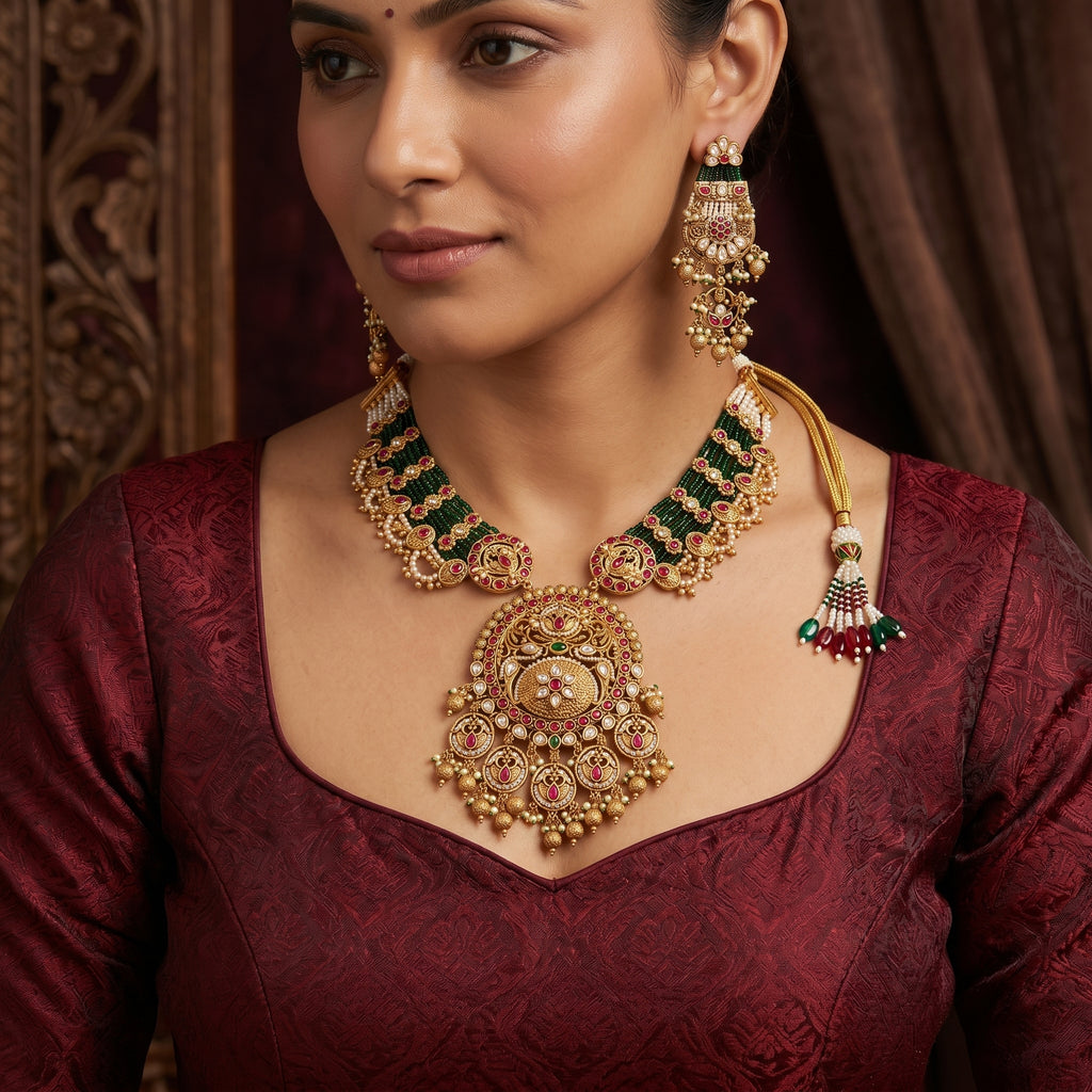 Antique Gold Kundan Multi-Strand Medallion Necklace Set