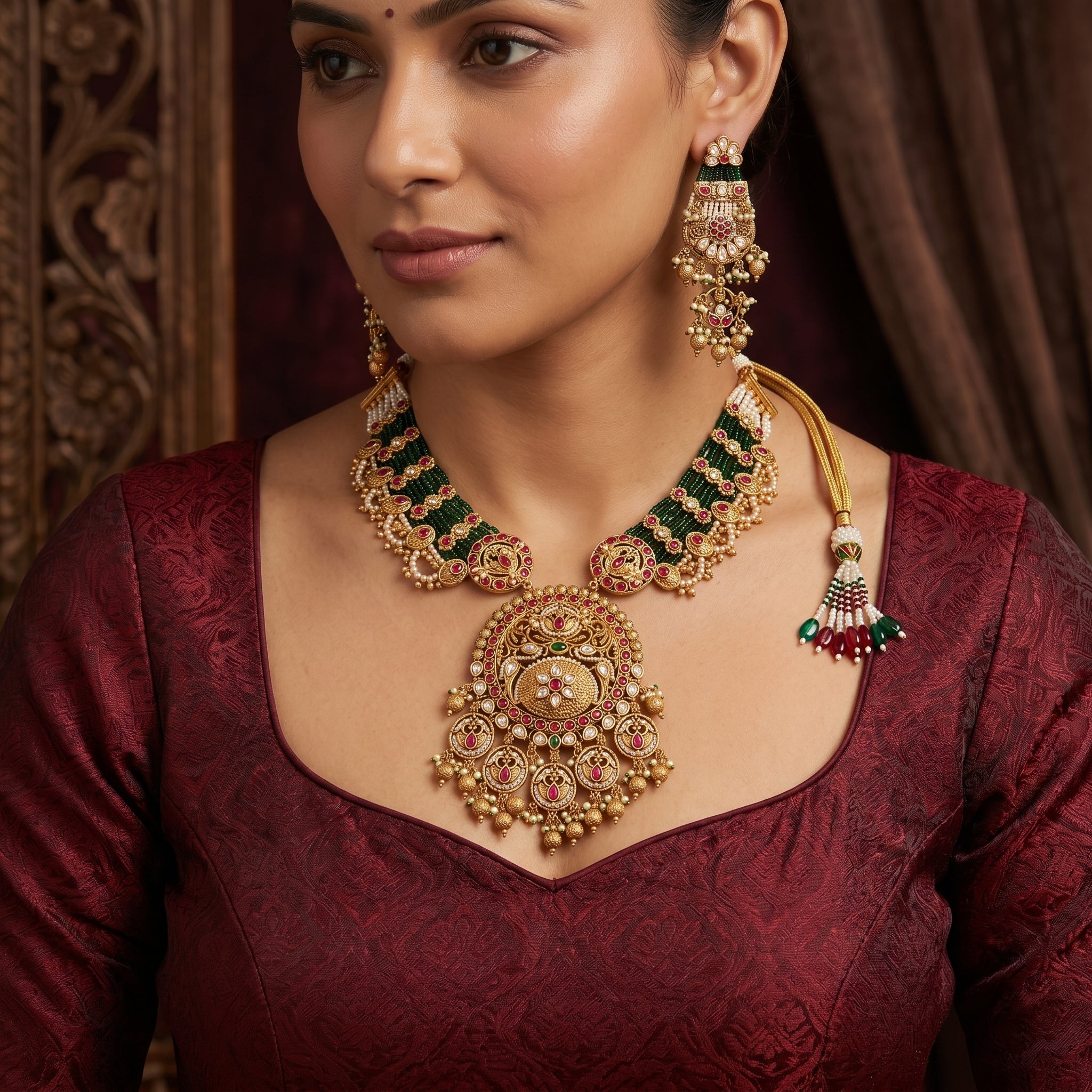 Antique Gold Kundan Multi-Strand Medallion Necklace Set