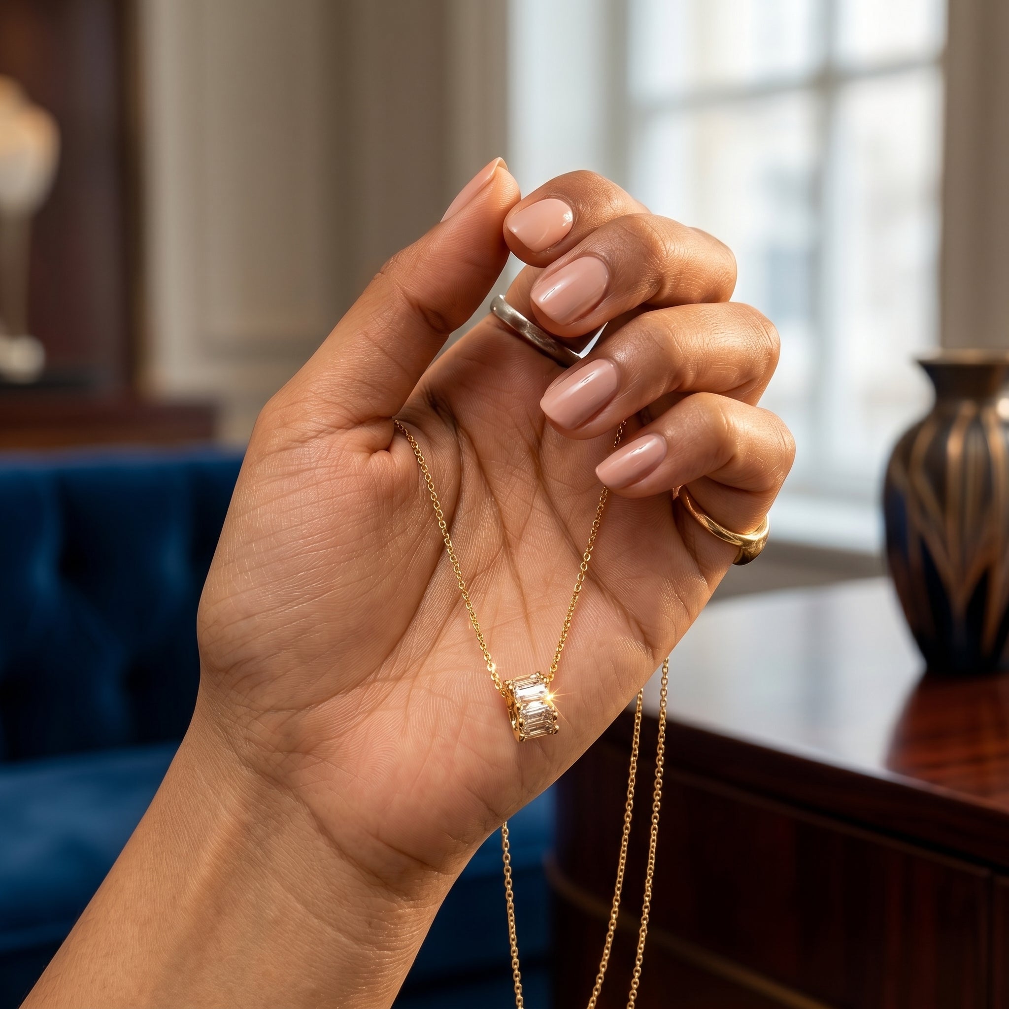 Gold Baguette Barrel Pendant Necklace