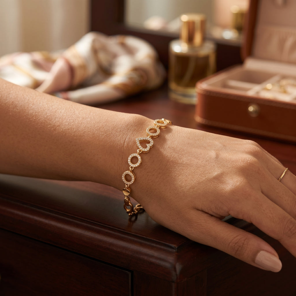 Gold Pavé Circle Heart Station Bracelet