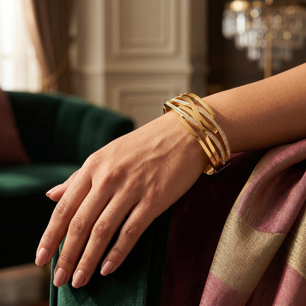 Gold Geometric Pavé Kada Bangle