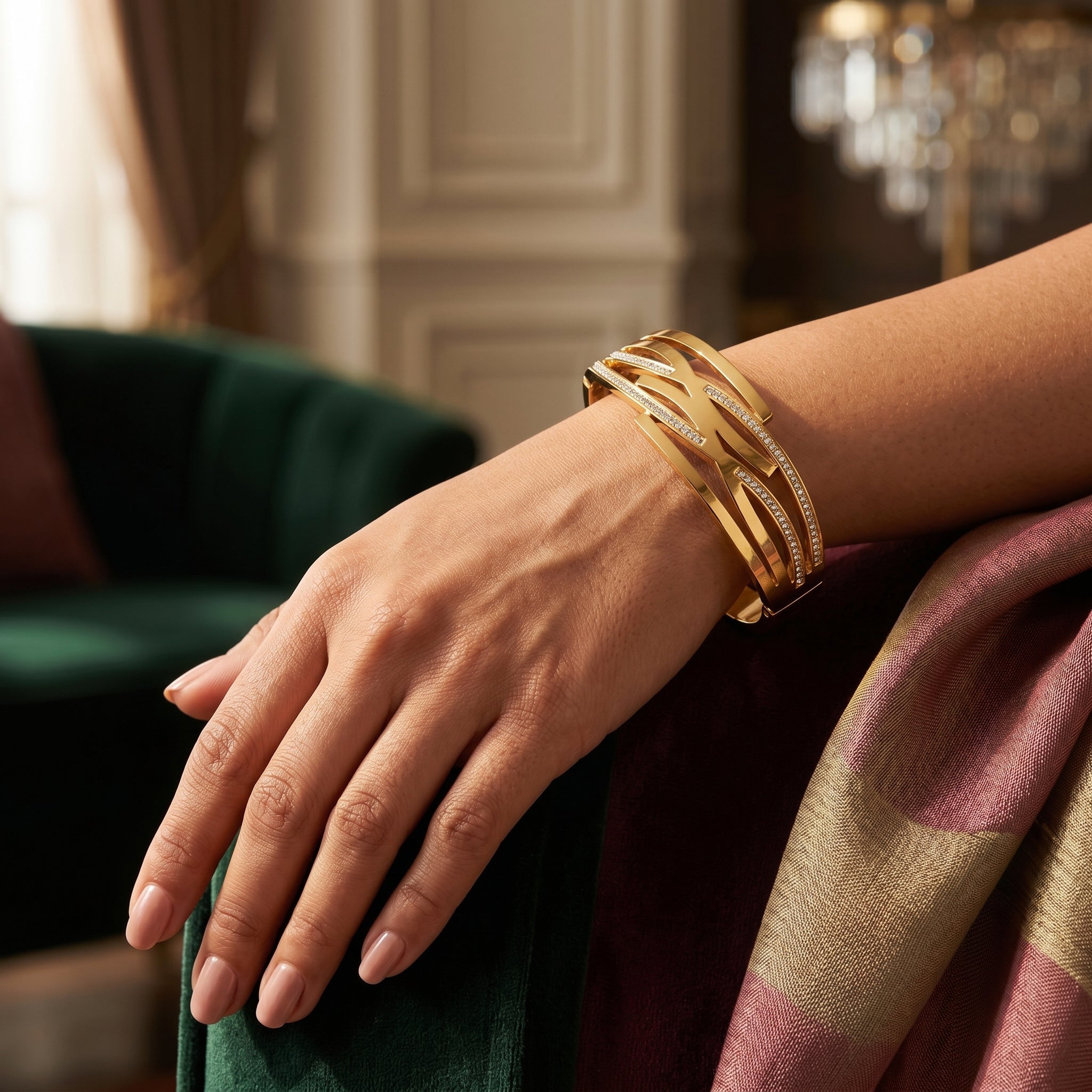 Gold Geometric Pavé Kada Bangle