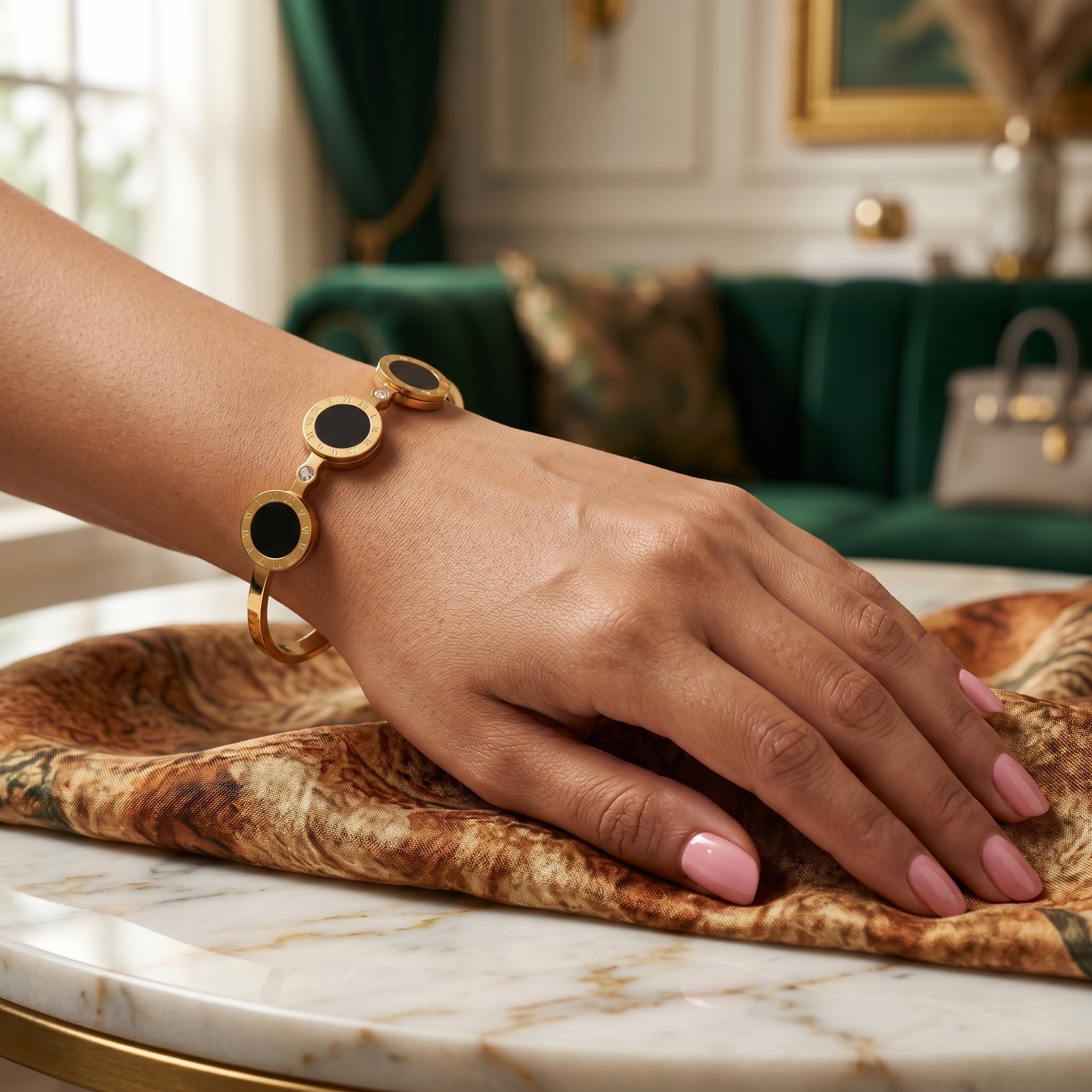 Gold Onyx Roman Numeral Disc Bracelet