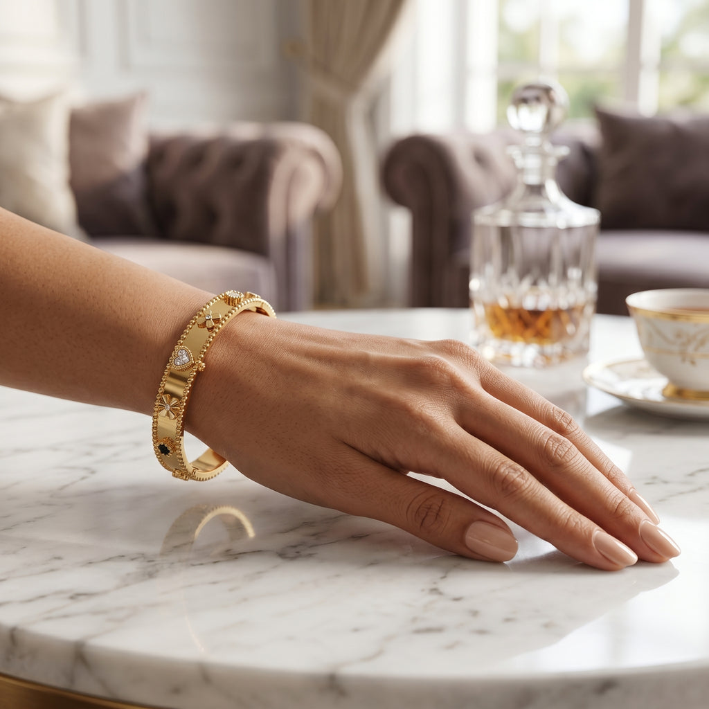 Gold Heart Star Flower Charm Bangle